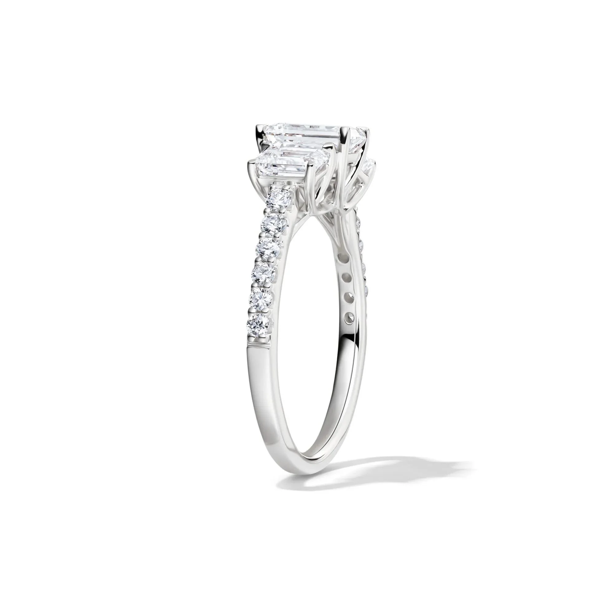 2 CT. Tw. Lab Grown Diamond Emerald-Cut Three Stone Ring 14K White Gold Round Brilliant Cut Size 8 - Image 3