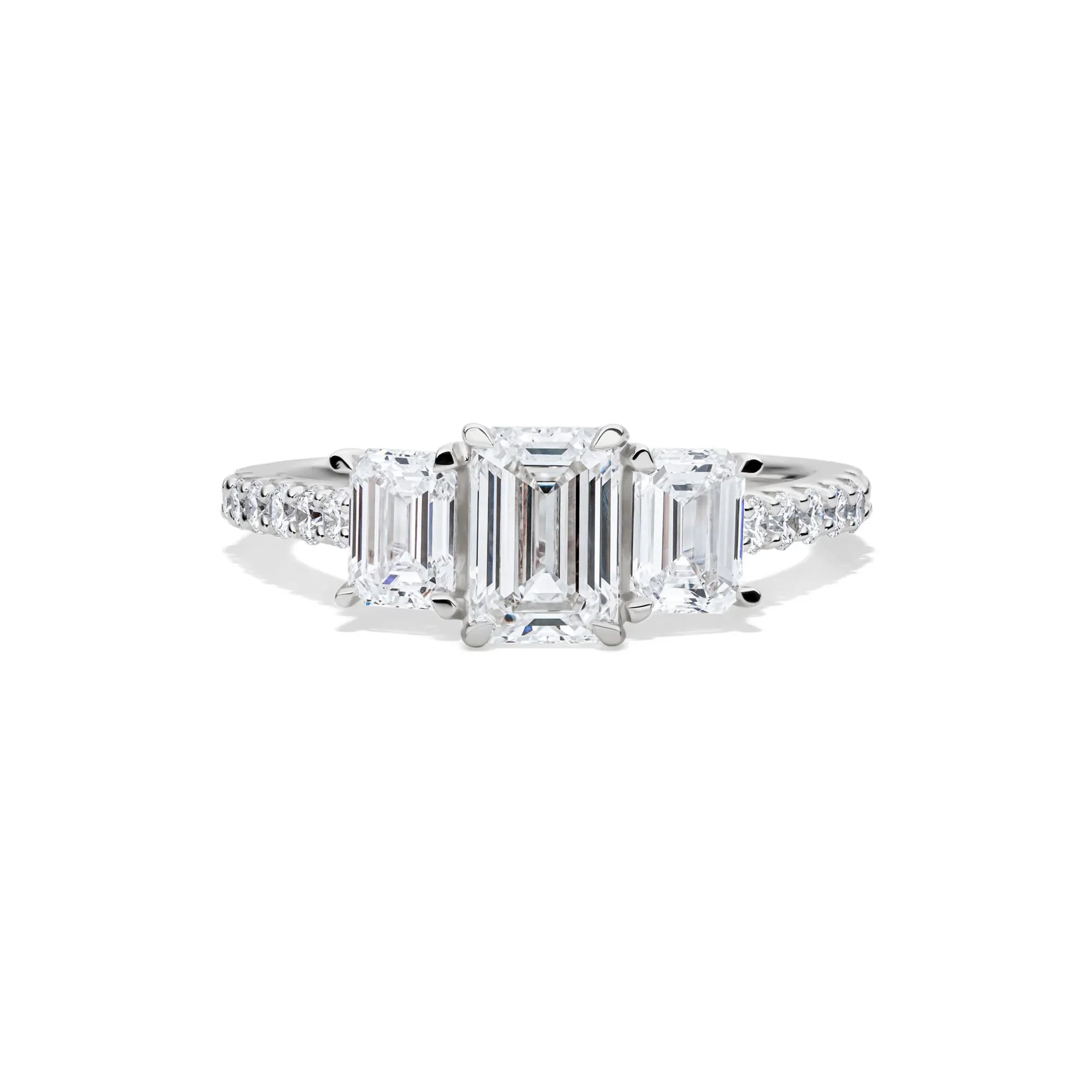 2 CT. Tw. Lab Grown Diamond Emerald-Cut Three Stone Ring 14K White Gold Round Brilliant Cut Size 9