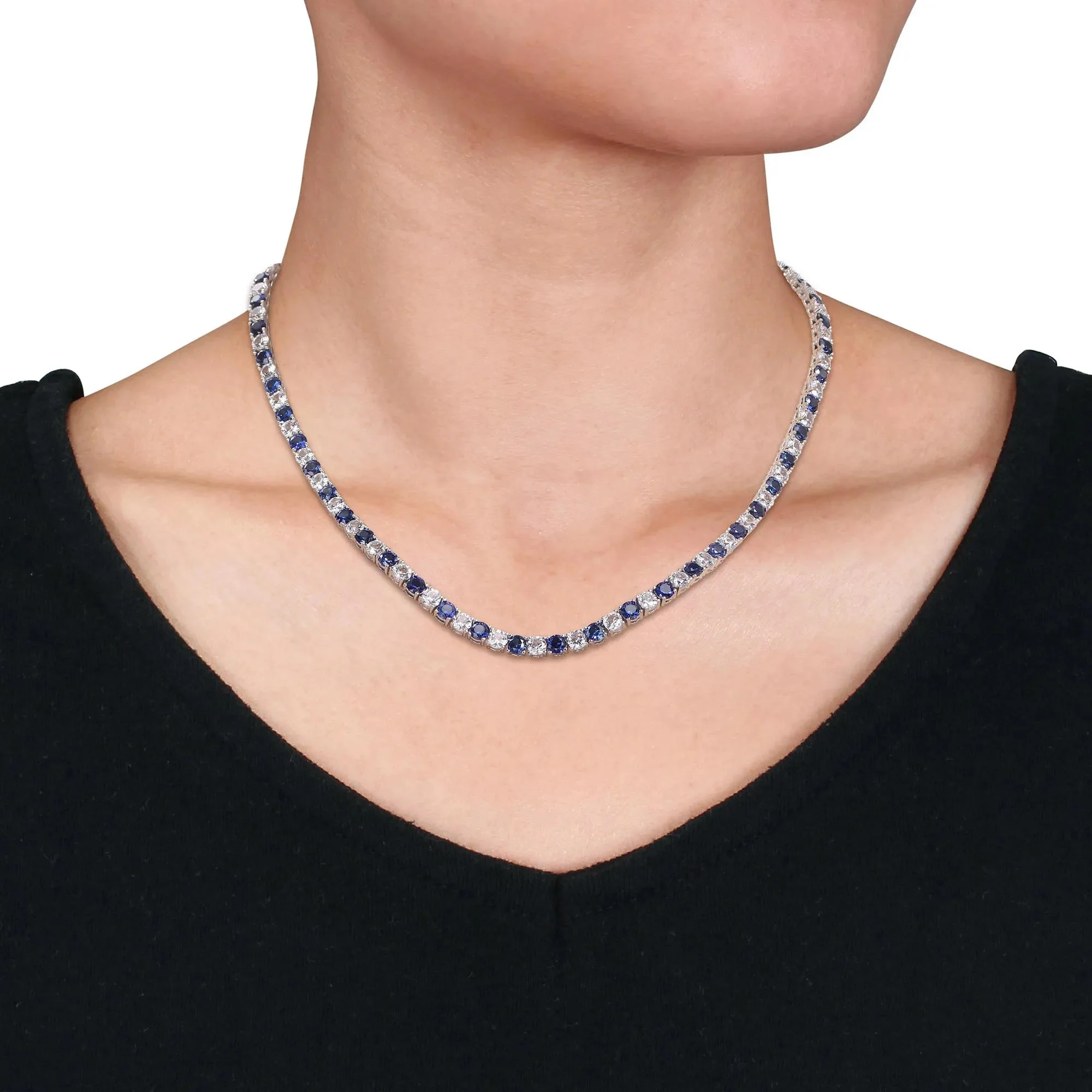 Lab Created Gemstone Tennis Necklace .925 Sterling Silver White Size 17" - Image 5