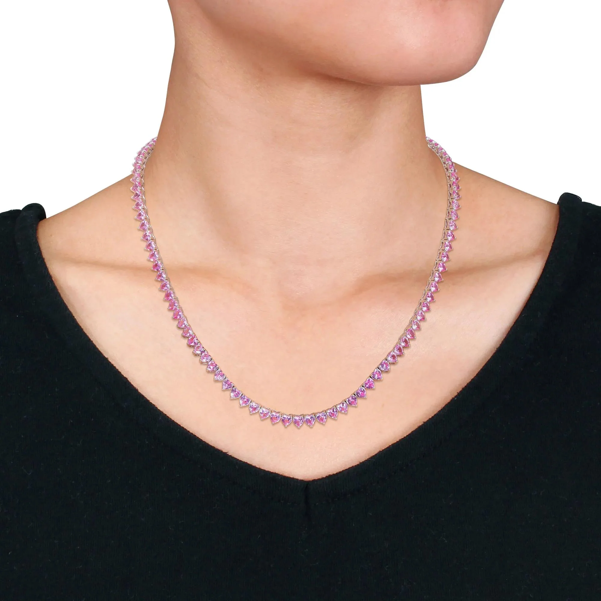 Lab Created Pink Sapphire Heart-Shaped Tennis Necklace White Size 18" - Image 5