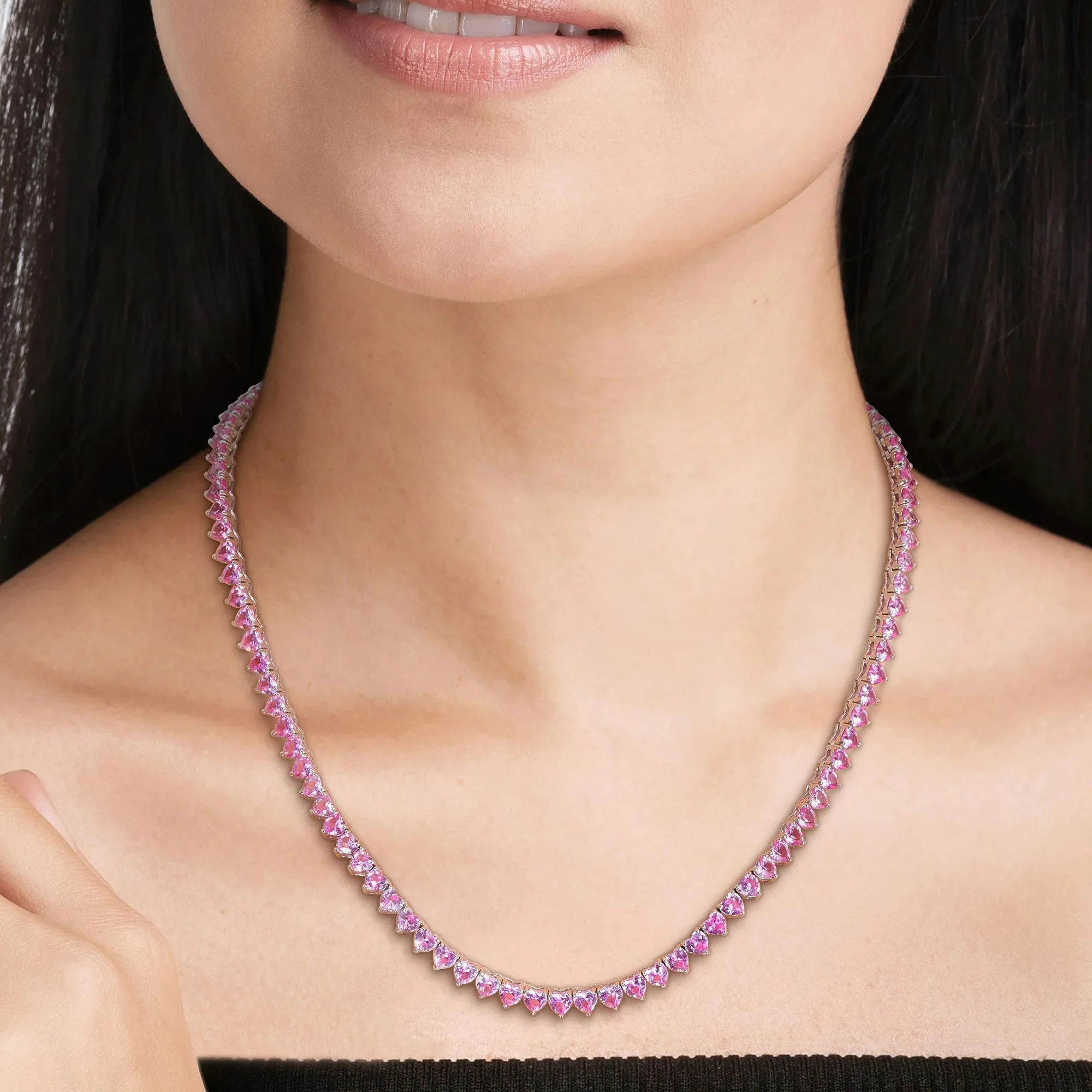 Lab Created Pink Sapphire Heart-Shaped Tennis Necklace White Size 18" - Image 6