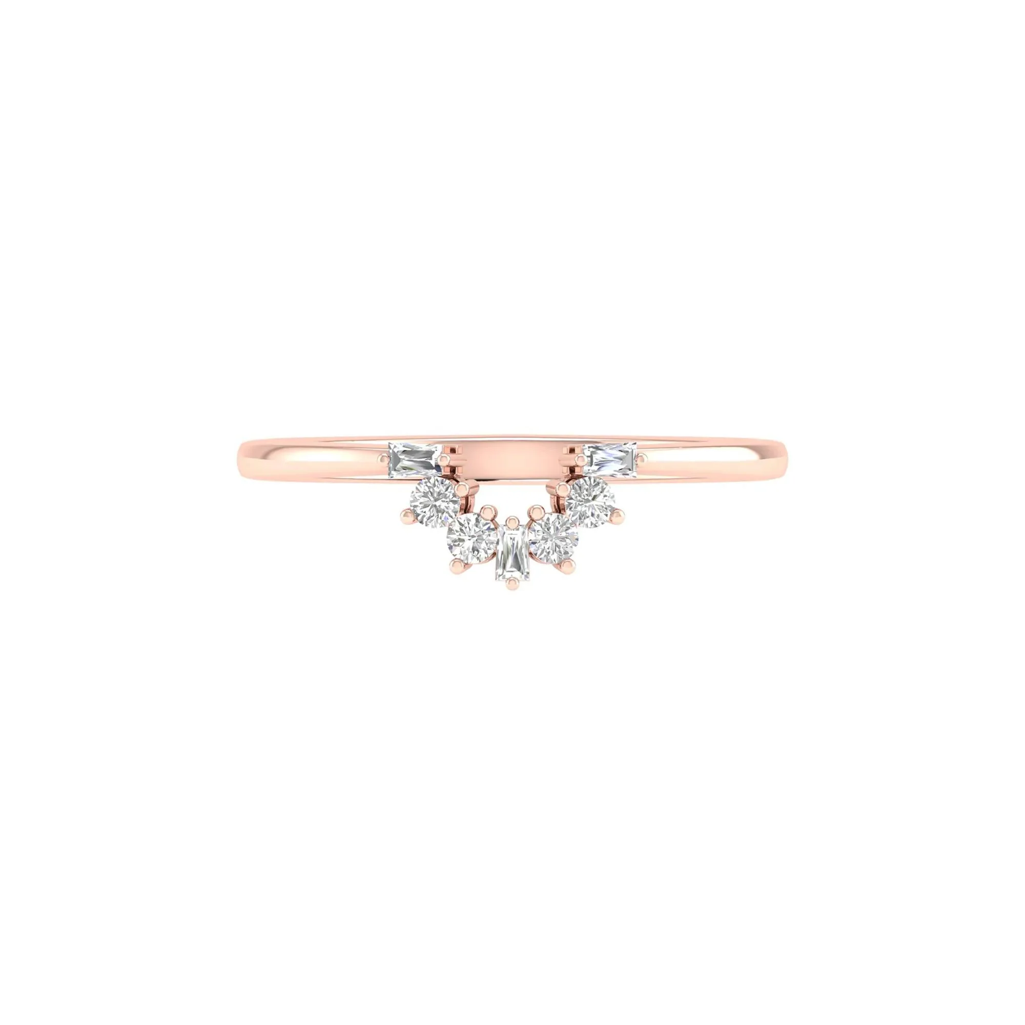 1/7 CT. Tw. Round and Baguette Diamond Contour Band Ring 14K Rose Gold Round Brilliant Cut Size 8.5 2mm
