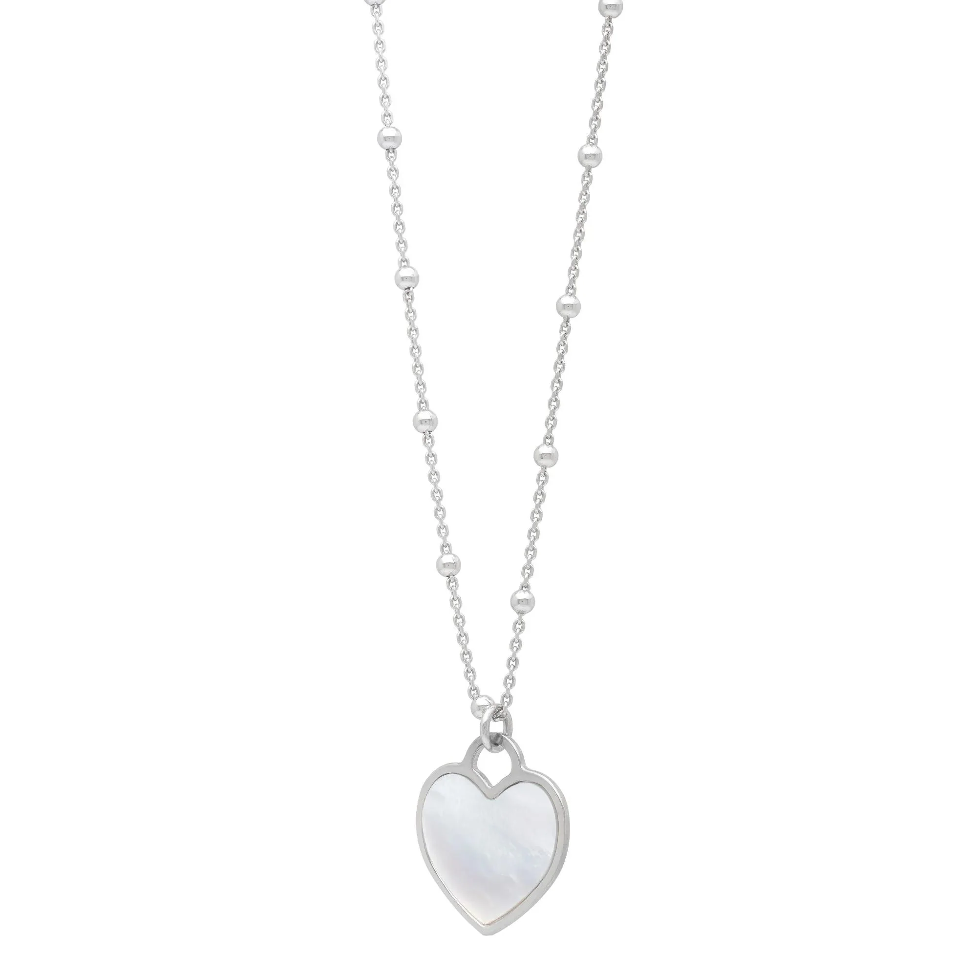 Mother of Pearl Heart Beaded Station Necklace .925 Sterling Silver White Size 18" - Image 4