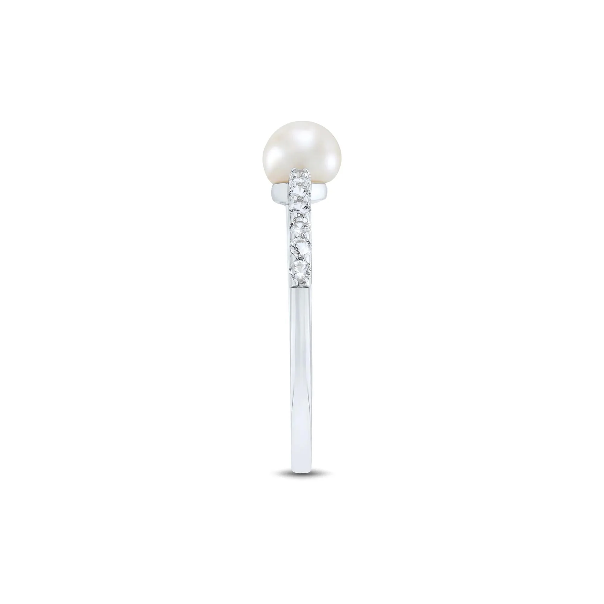 Freshwater Cultured Pearl and Lab Created White Sapphire Stack Ring .925 Sterling Silver Size 6 1mm - Image 2