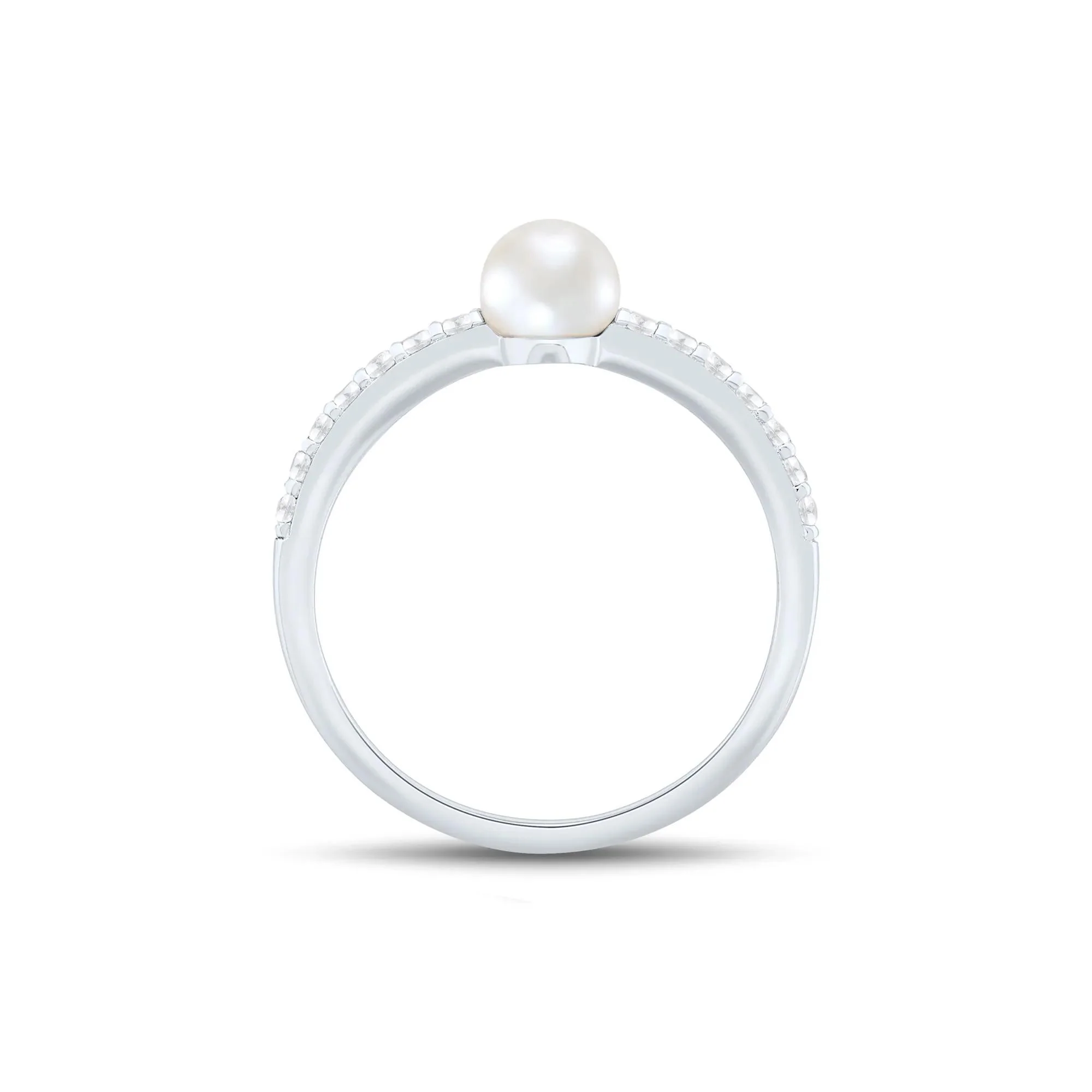 Freshwater Cultured Pearl and Lab Created White Sapphire Stack Ring .925 Sterling Silver Size 8.5 1mm - Image 3