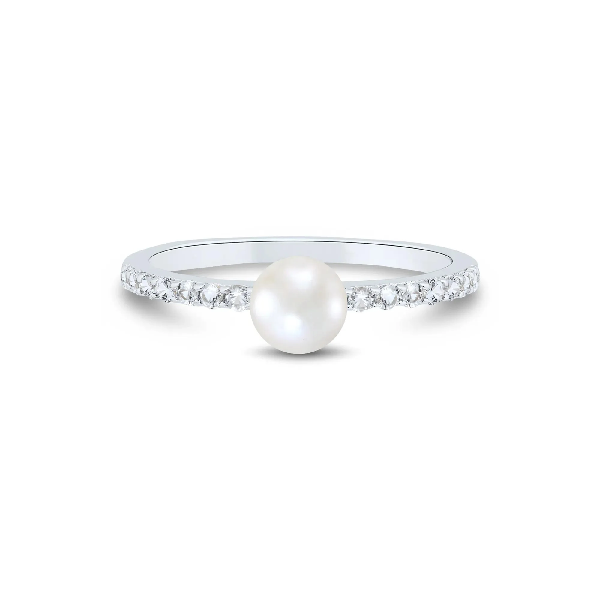 Freshwater Cultured Pearl and Lab Created White Sapphire Stack Ring .925 Sterling Silver Size 9 1mm