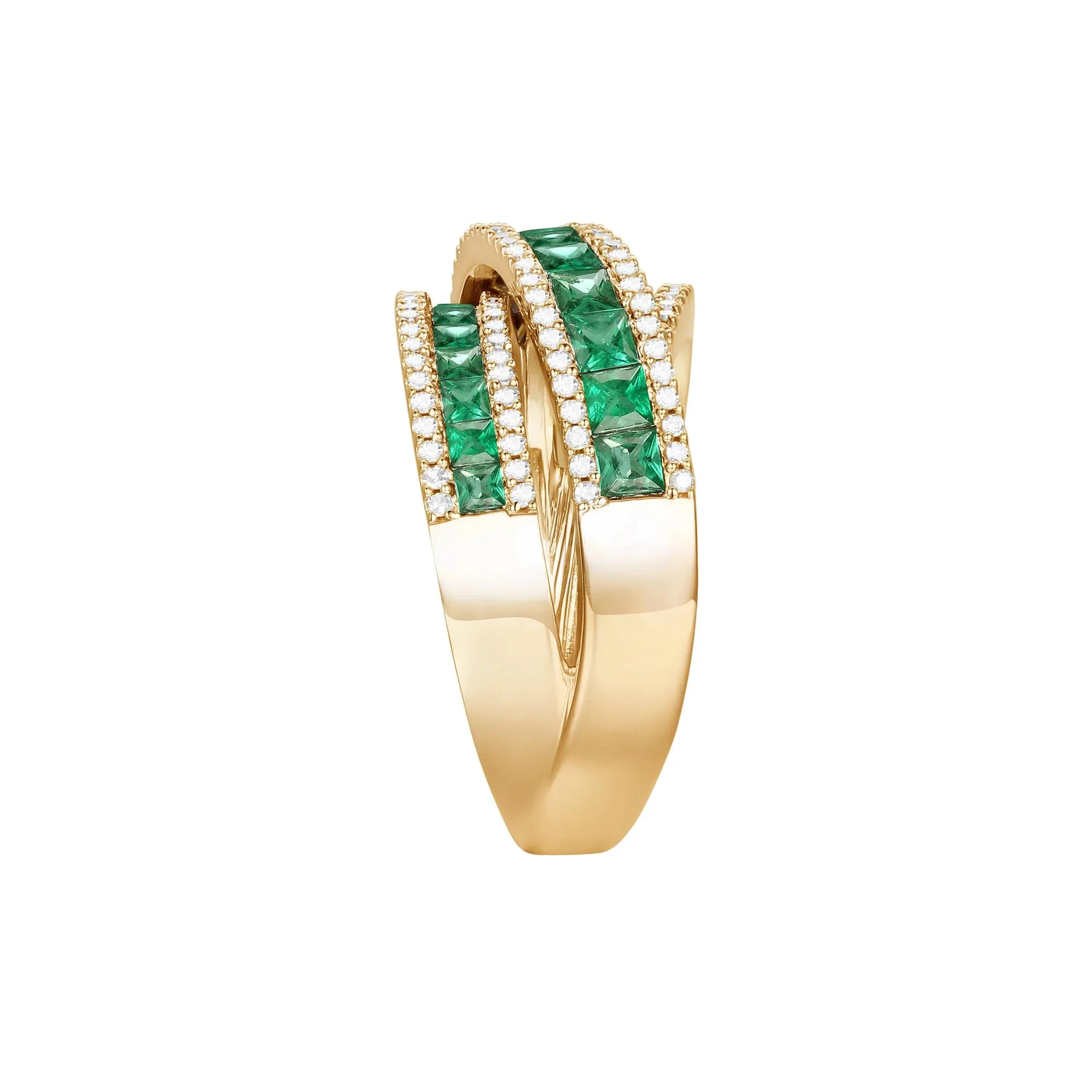 1/2 CT. Tw. Emerald and Diamond Crossover Ring 10K Yellow Gold Size 8 1mm - Image 3