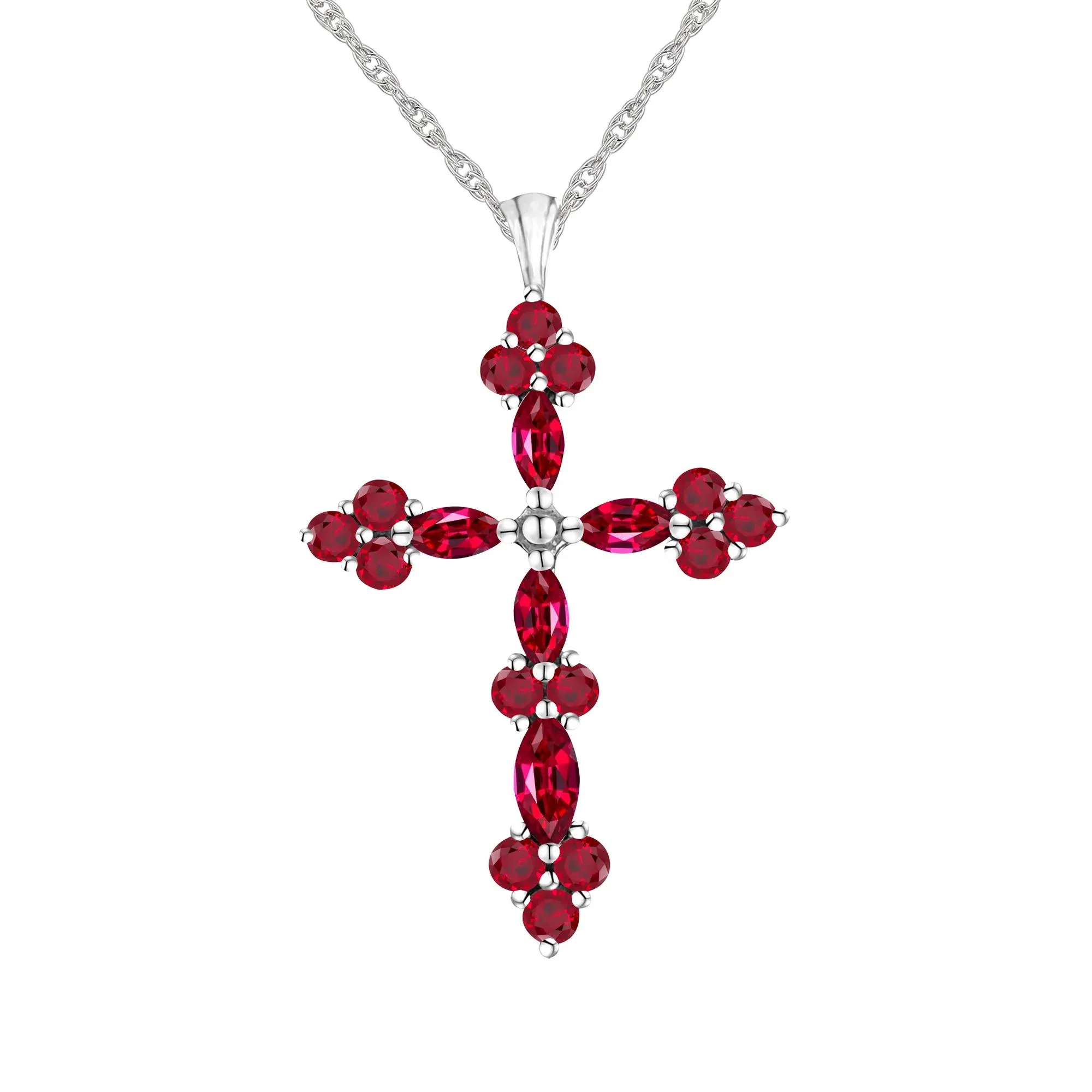 Lab-Created Ruby Cross Pendant Necklace .925 Sterling Silver White Size 18"