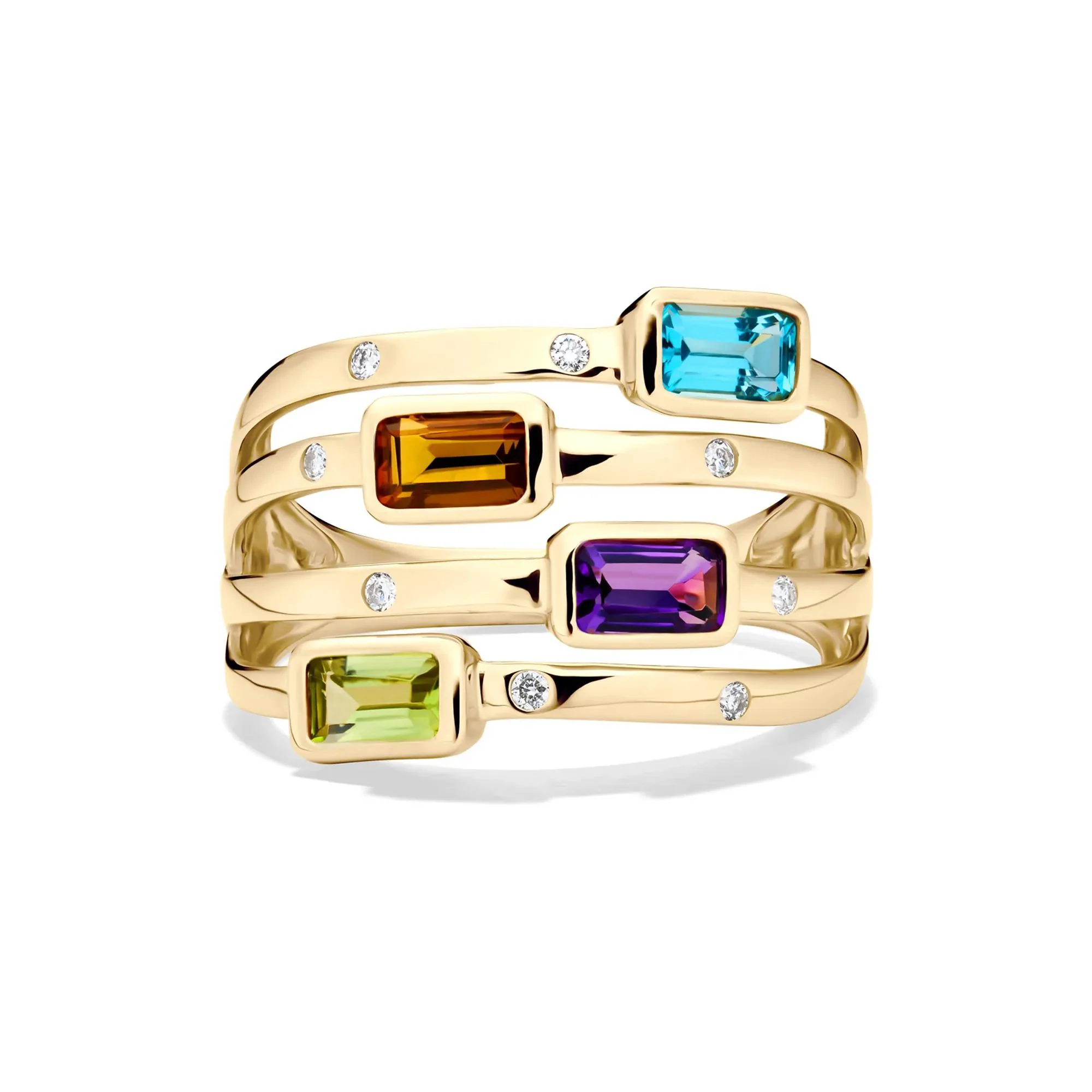 Multi-Row Gemstone and Diamond Accent Ring 14K Yellow Gold Size 6.5 2mm