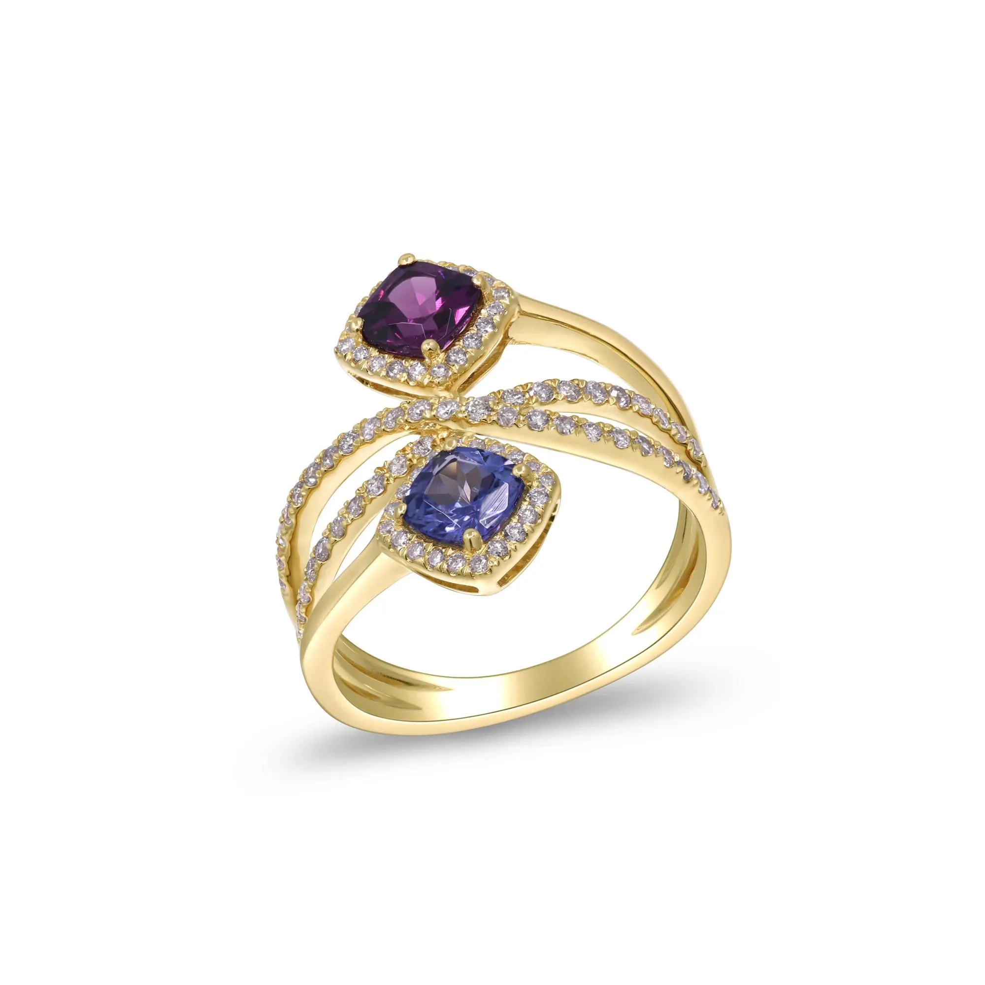 3/8 CT. Tw. Tanzanite Rhodolite Garnet and Diamond Ring 14K Yellow Gold Size 7 2mm - Image 4