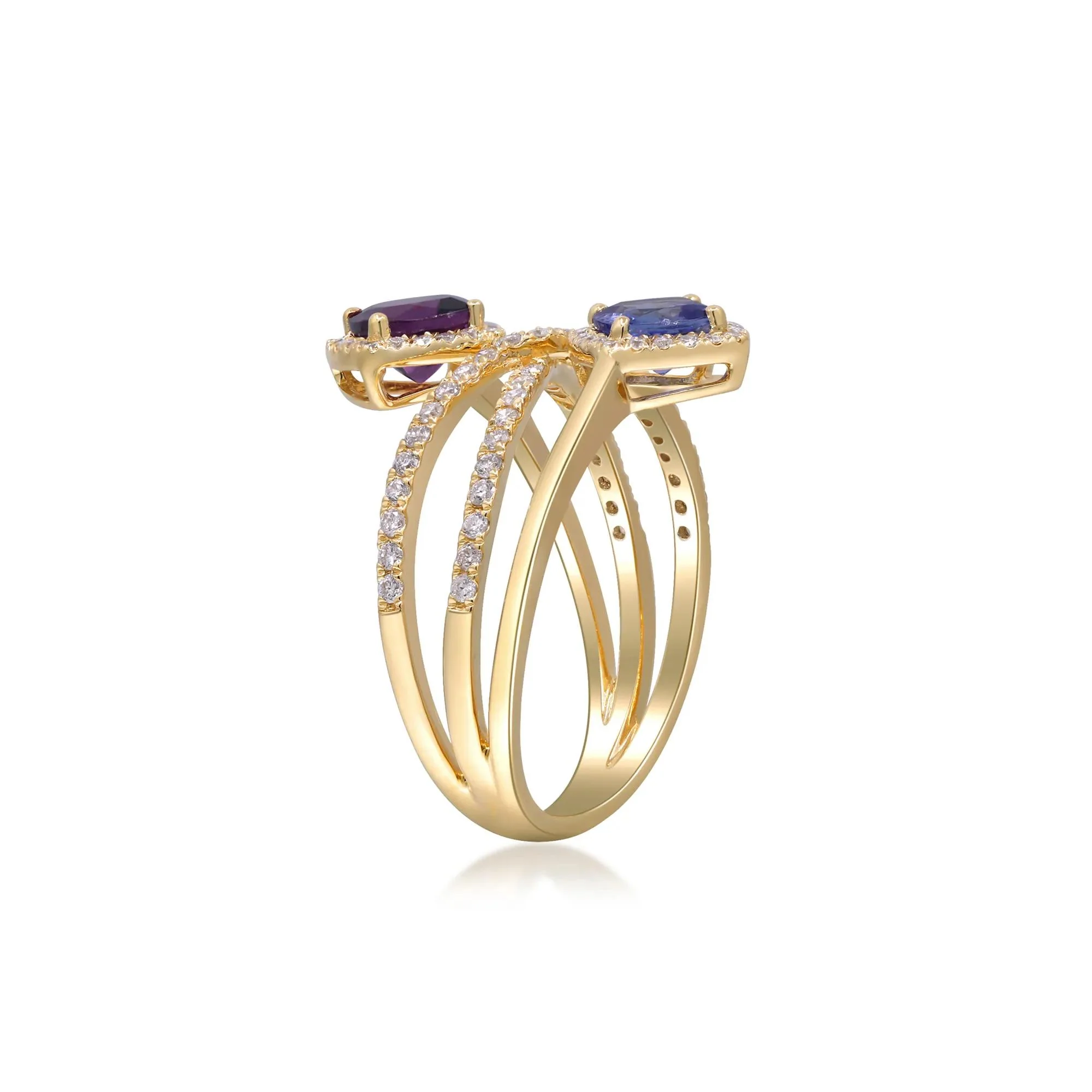 3/8 CT. Tw. Tanzanite Rhodolite Garnet and Diamond Ring 14K Yellow Gold Size 7.5 2mm - Image 3