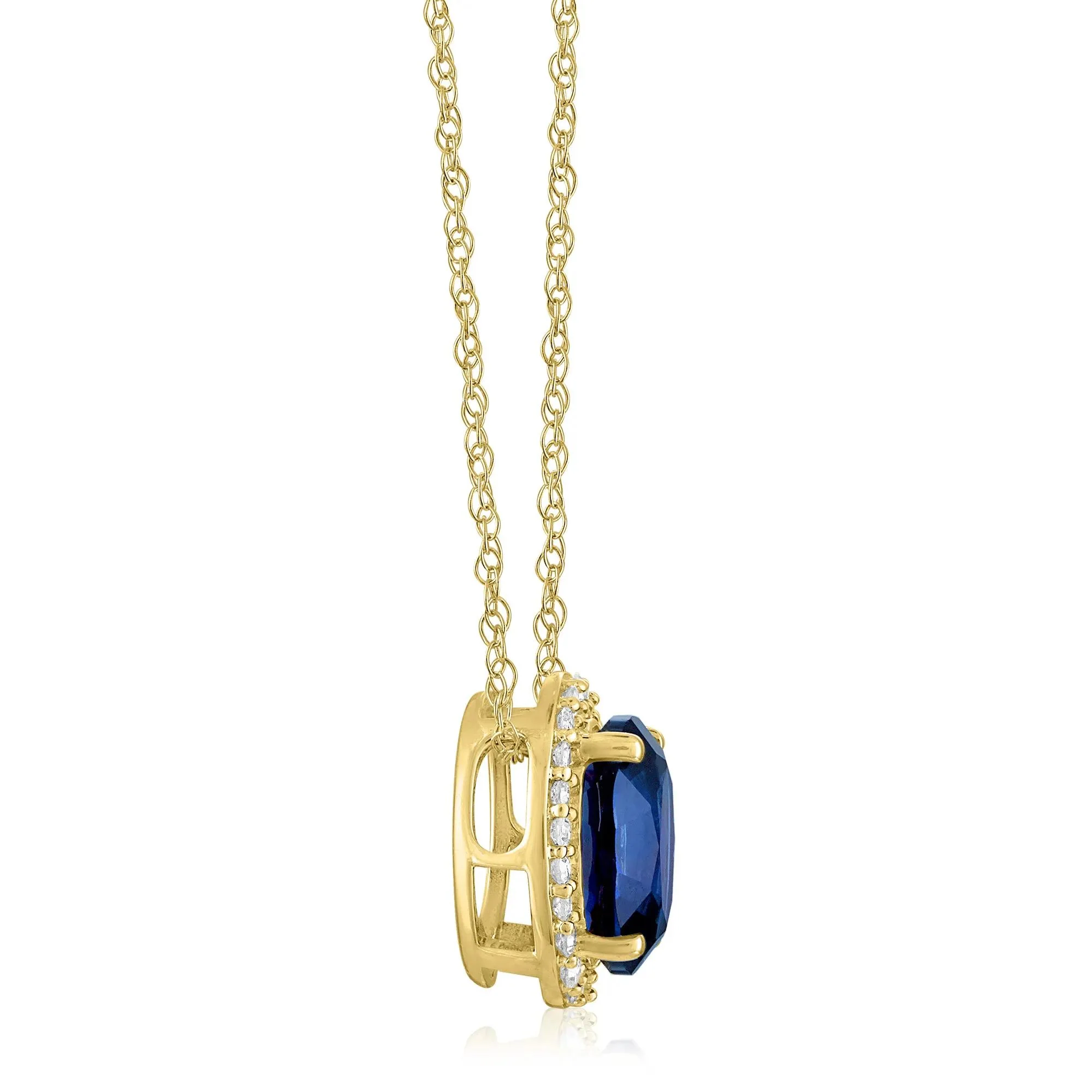 Oval Lab-Created Blue Sapphire and Diamond Accent Halo Pendant Necklace 10K Yellow Gold White Size 18" - Image 2