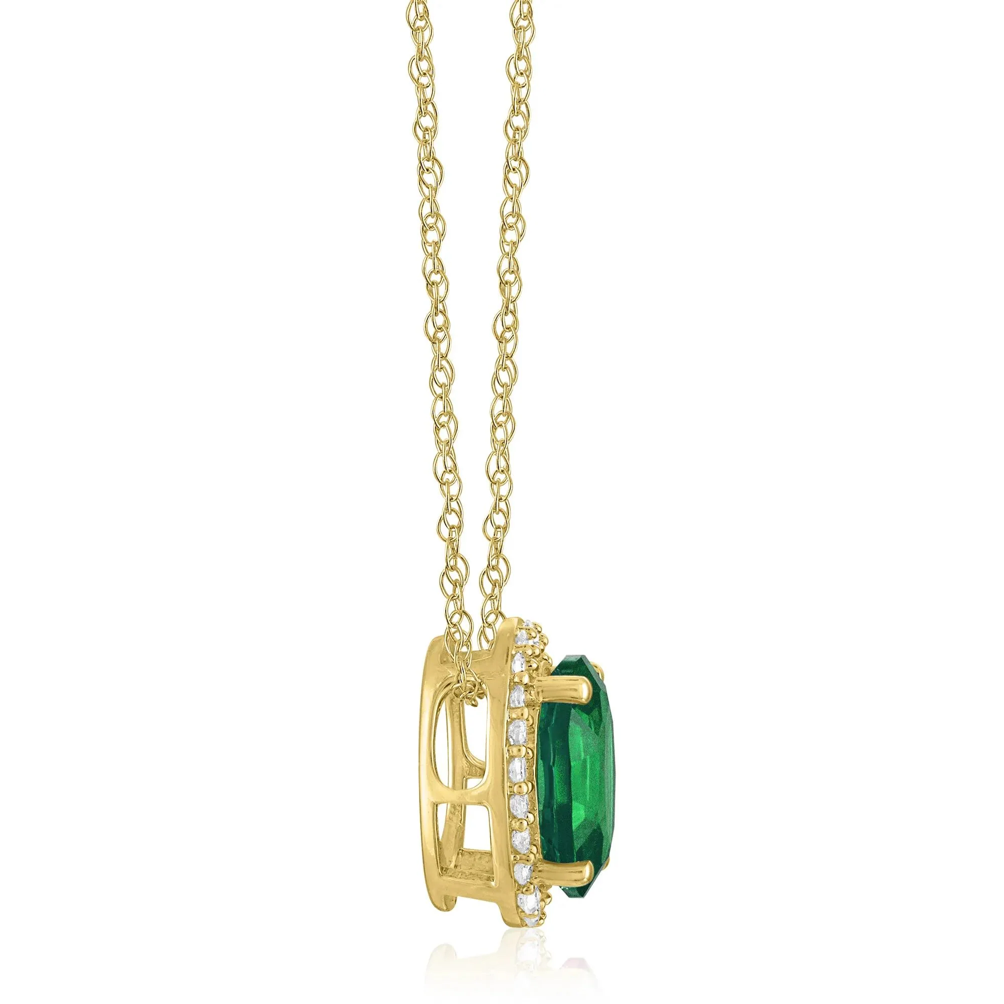 Oval Lab-Created Emerald and Diamond Accent Halo Pendant Necklace 10K Yellow Gold White Size 18" - Image 2