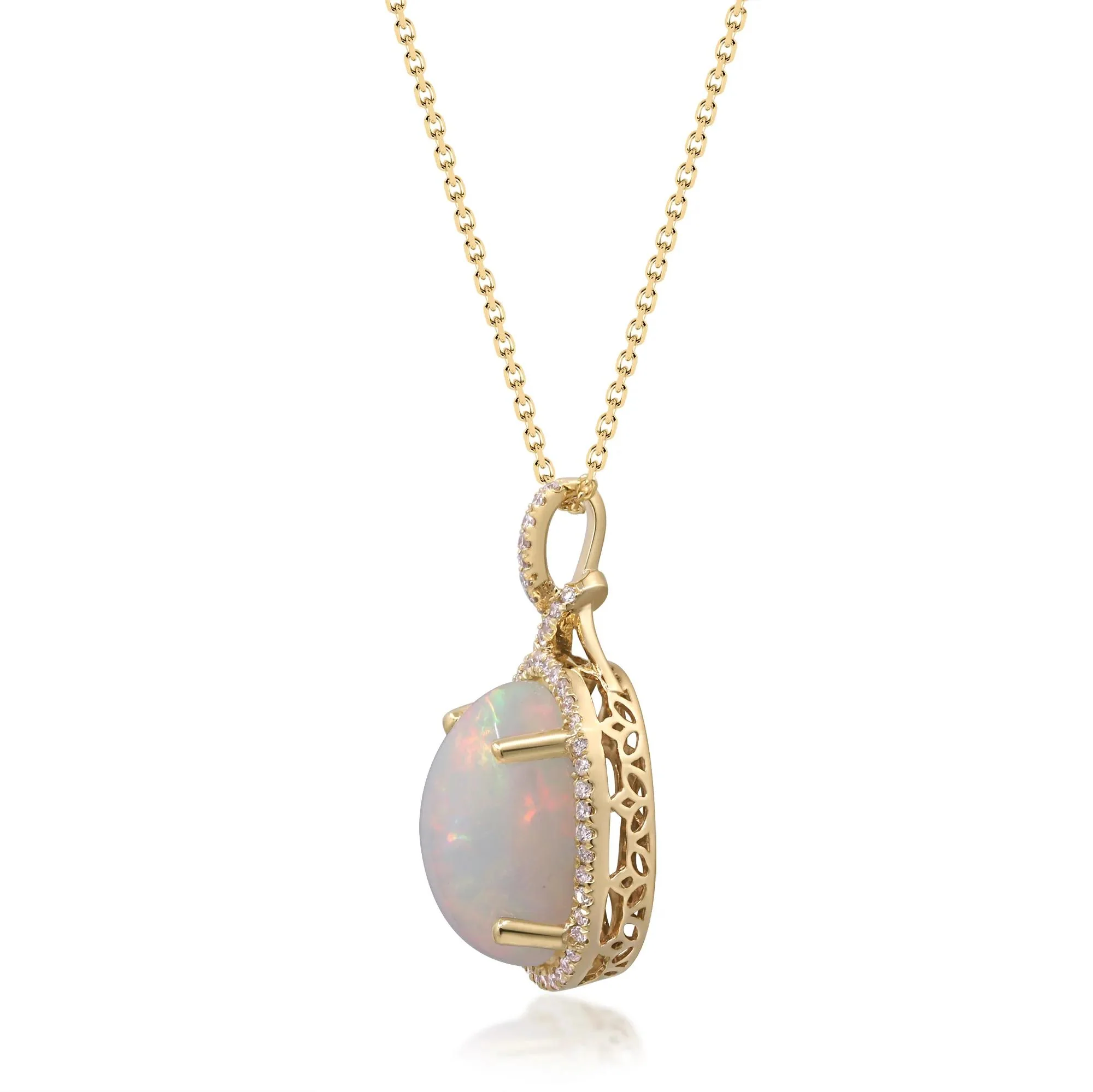 1/5 CT. Tw. Oval Opal and Diamond Pendant Necklace 14K Yellow Gold Size 18" - Image 2