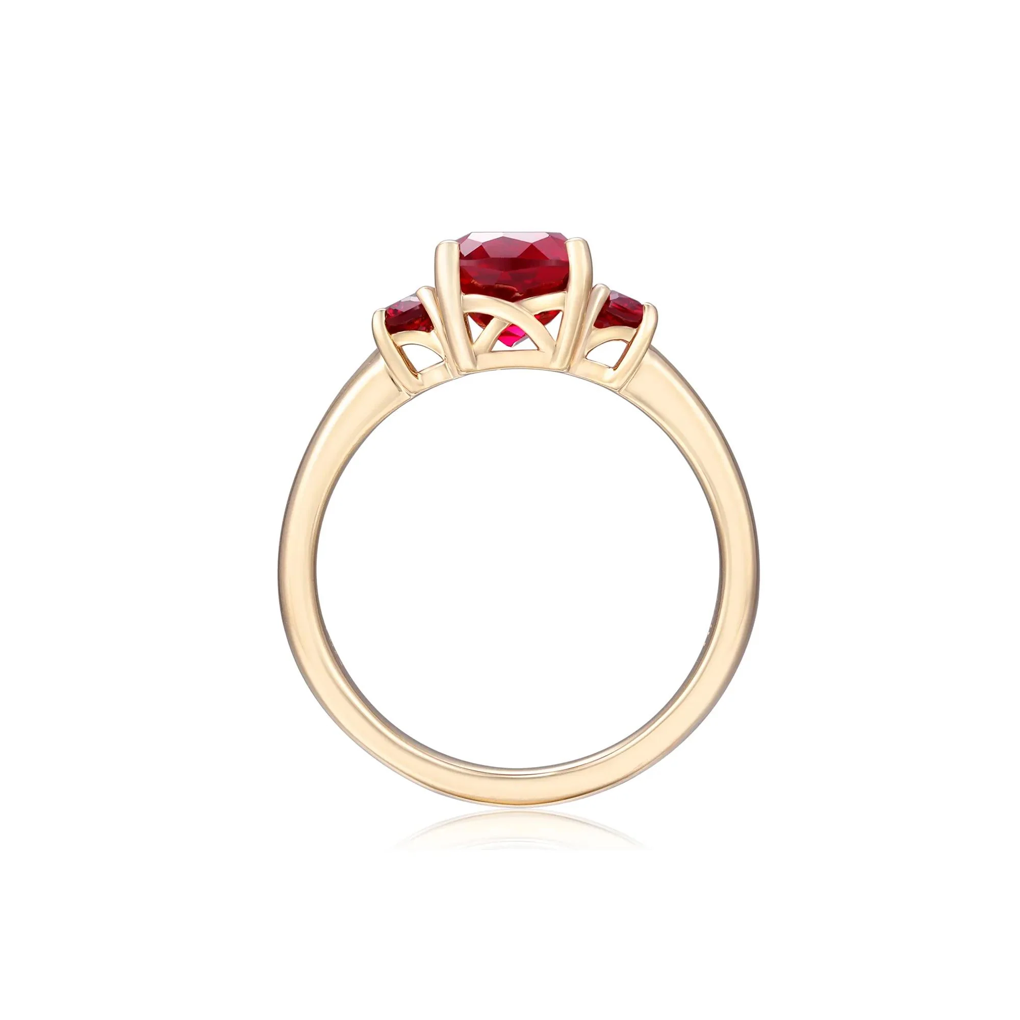 Cushion-Cut Lab-Created Ruby Three-Stone Ring 10K Yellow Gold Size 6 - Image 2