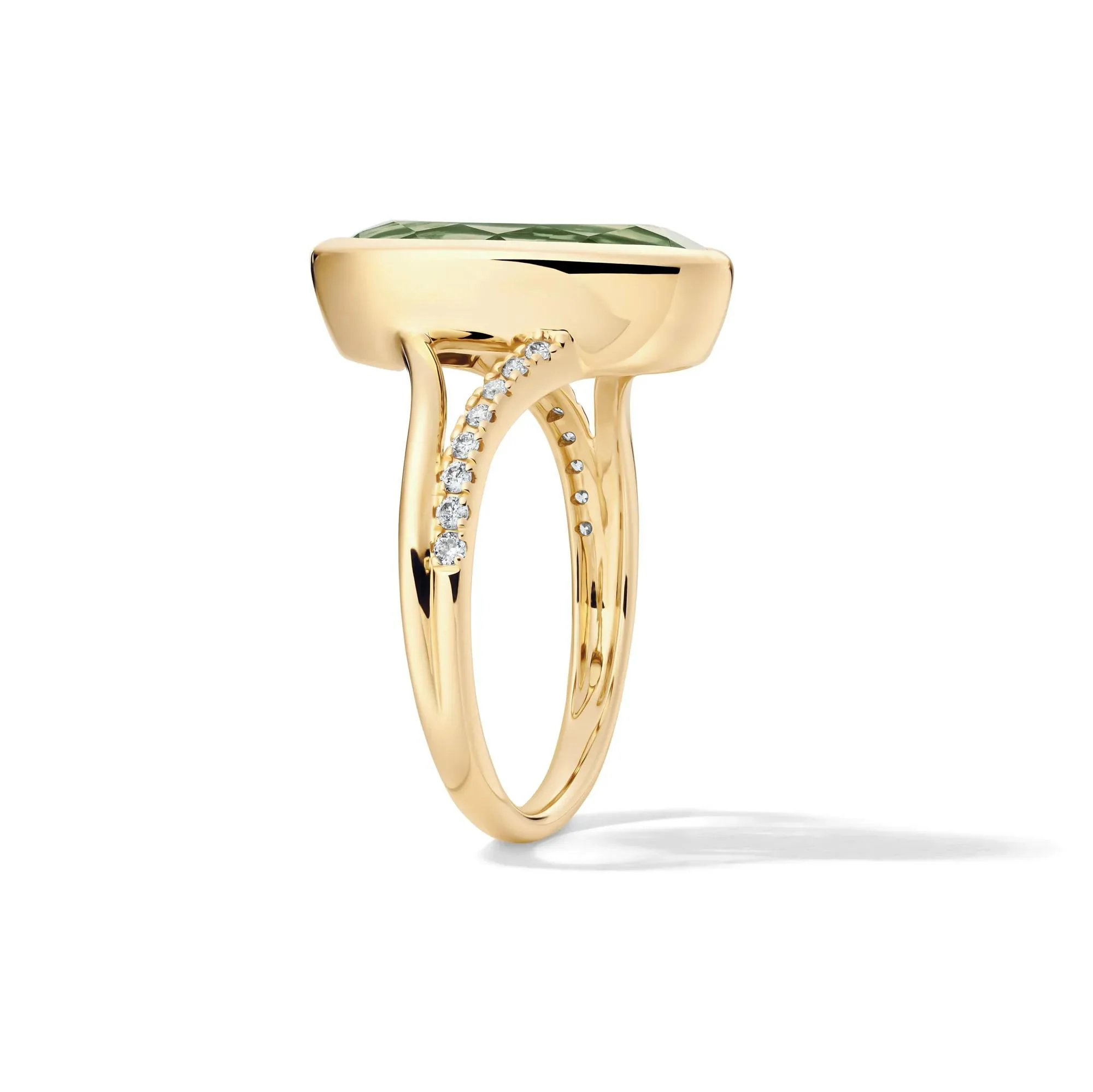 1/10 CT. Tw. Green Amethyst and Diamond Bezel Ring 10K Yellow Gold Round Brilliant Cut Size 5 1mm - Image 3
