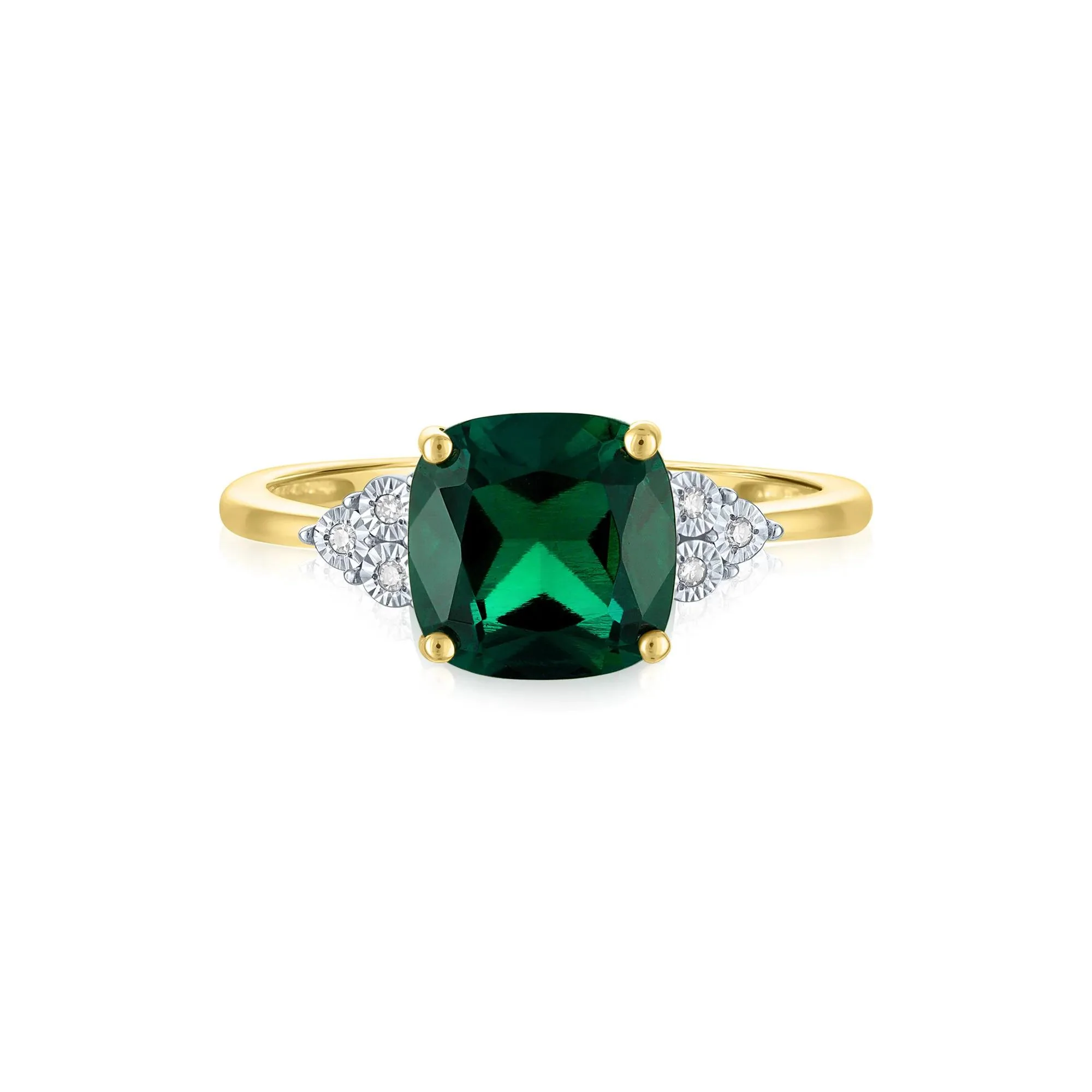 Lab-Created Emerald and Diamond Accent Ring 10K Yellow Gold Round Brilliant Cut Size 7.5 1mm