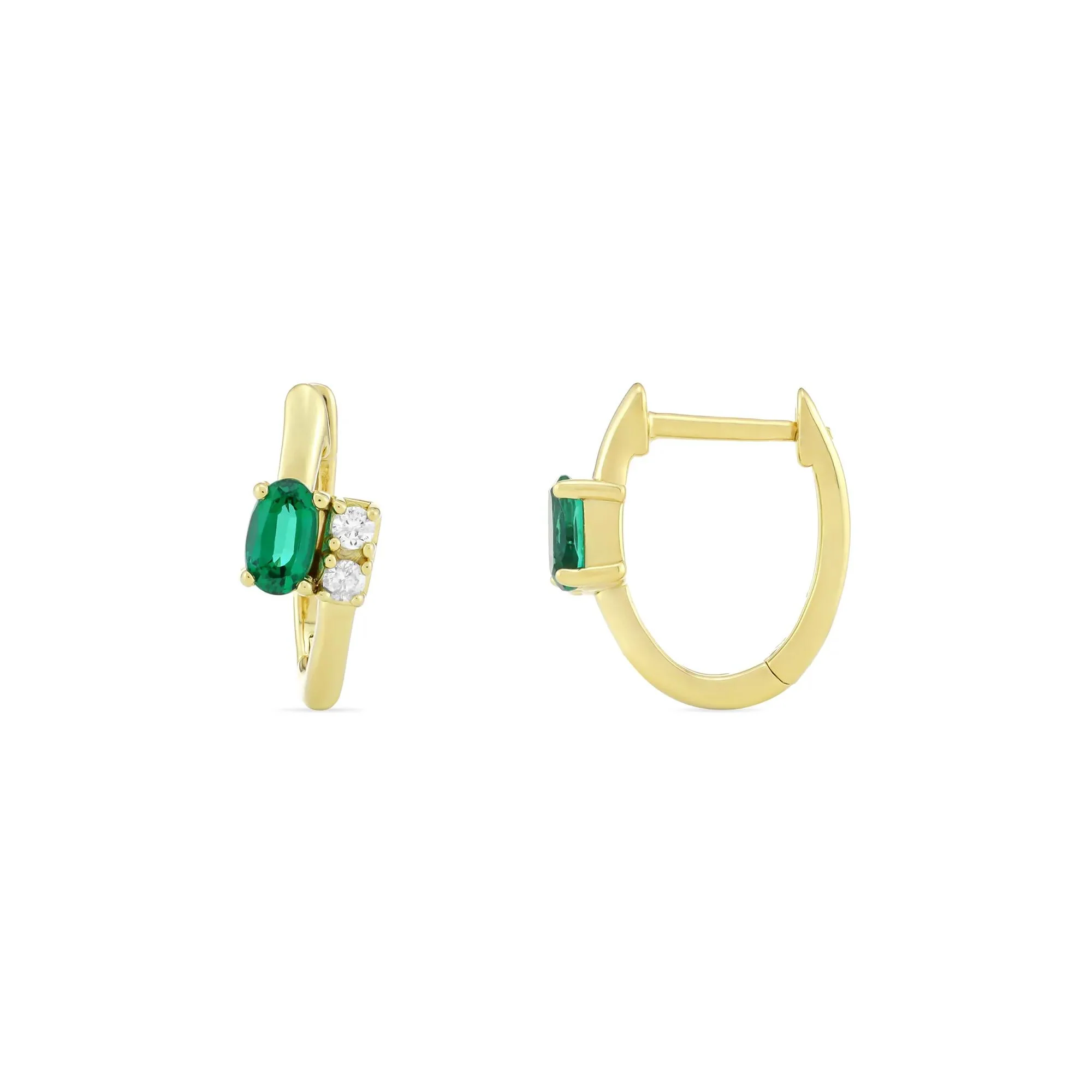 Lab-Created Emerald and Diamond Accent Huggie Hoops 10K Yellow Gold Ring Size 14.00mm - Image 2
