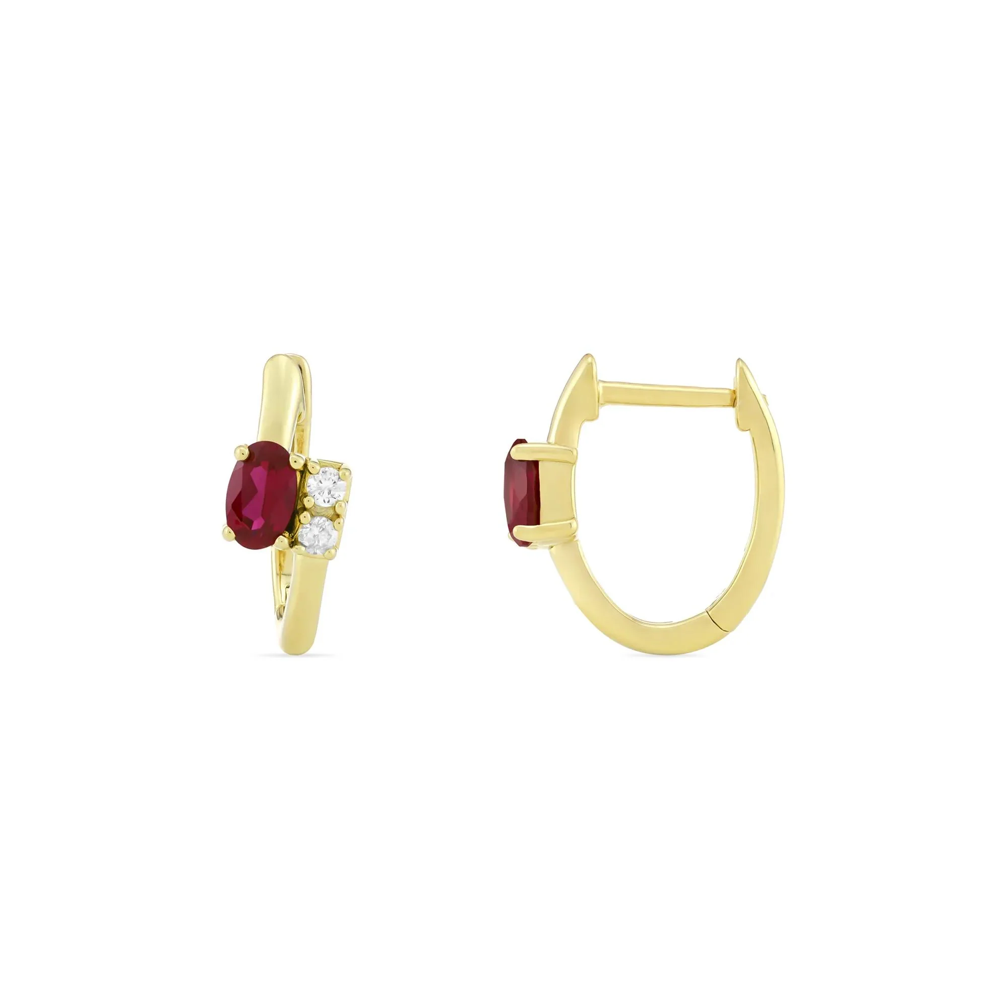 Lab-Created Ruby and Diamond Accent Huggie Hoop Earrings 10K Yellow Gold Size 14.00mm - Image 2