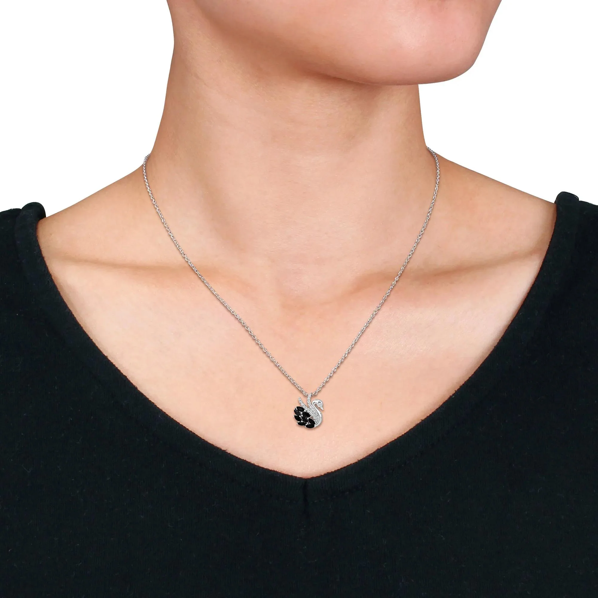 Swan Pendant Necklace with Black Spinel and White Topaz .925 Sterling Silver Size 18" - Image 4