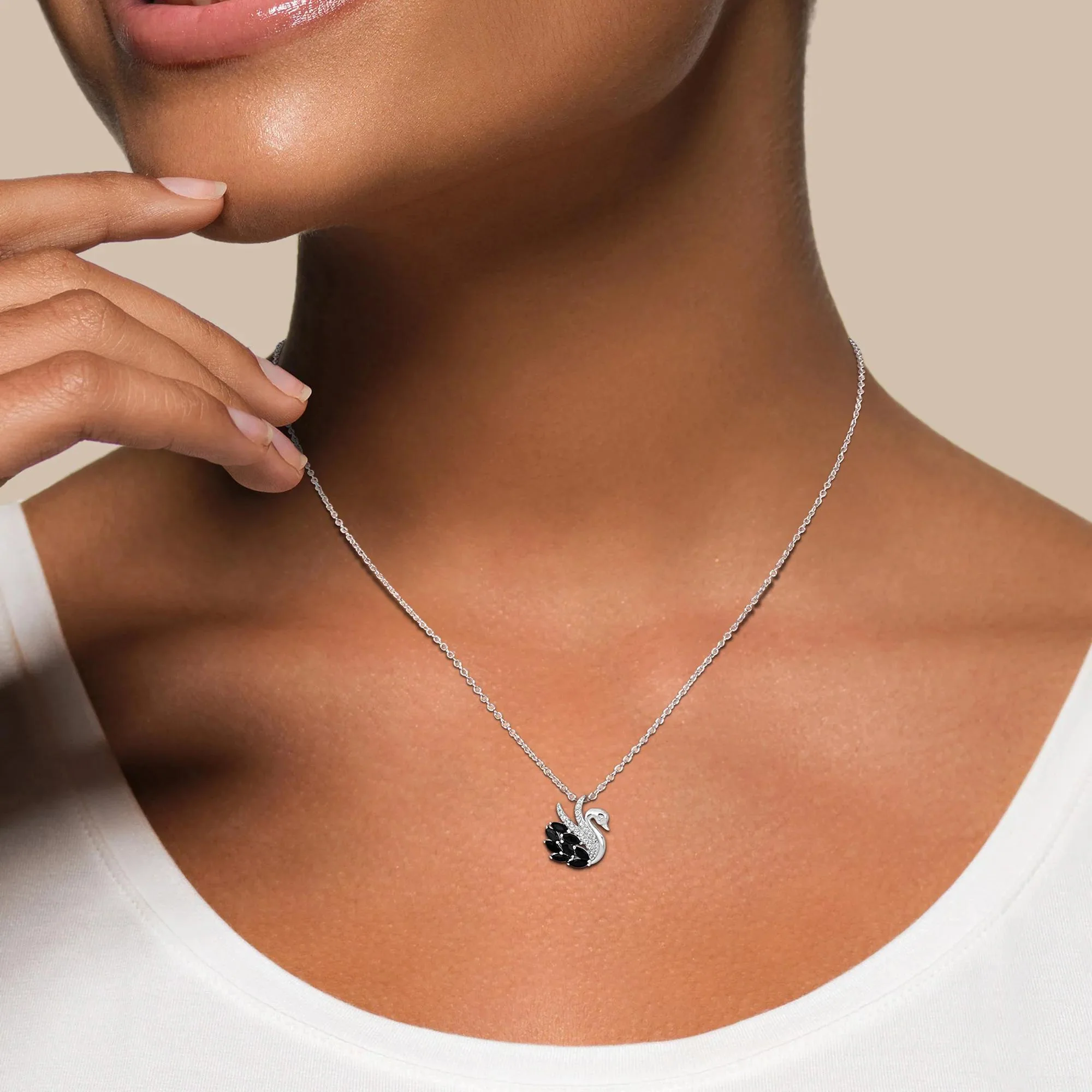 Swan Pendant Necklace with Black Spinel and White Topaz .925 Sterling Silver Size 18" - Image 5