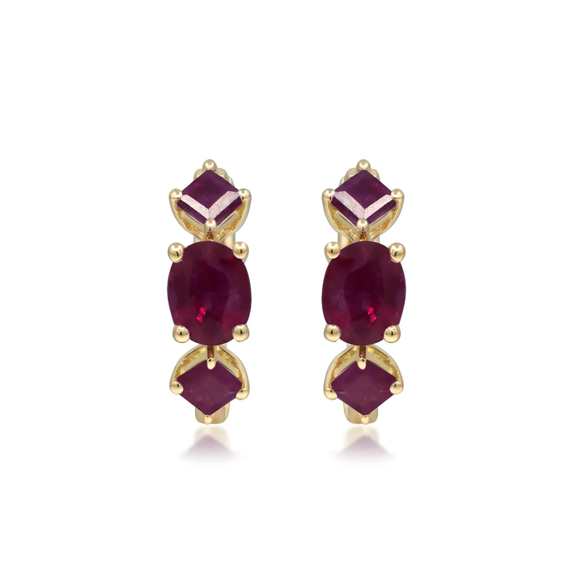 Oval and Square Ruby Huggie Hoop Earrings 10K Yellow Gold Size 10.00mm - Image 2