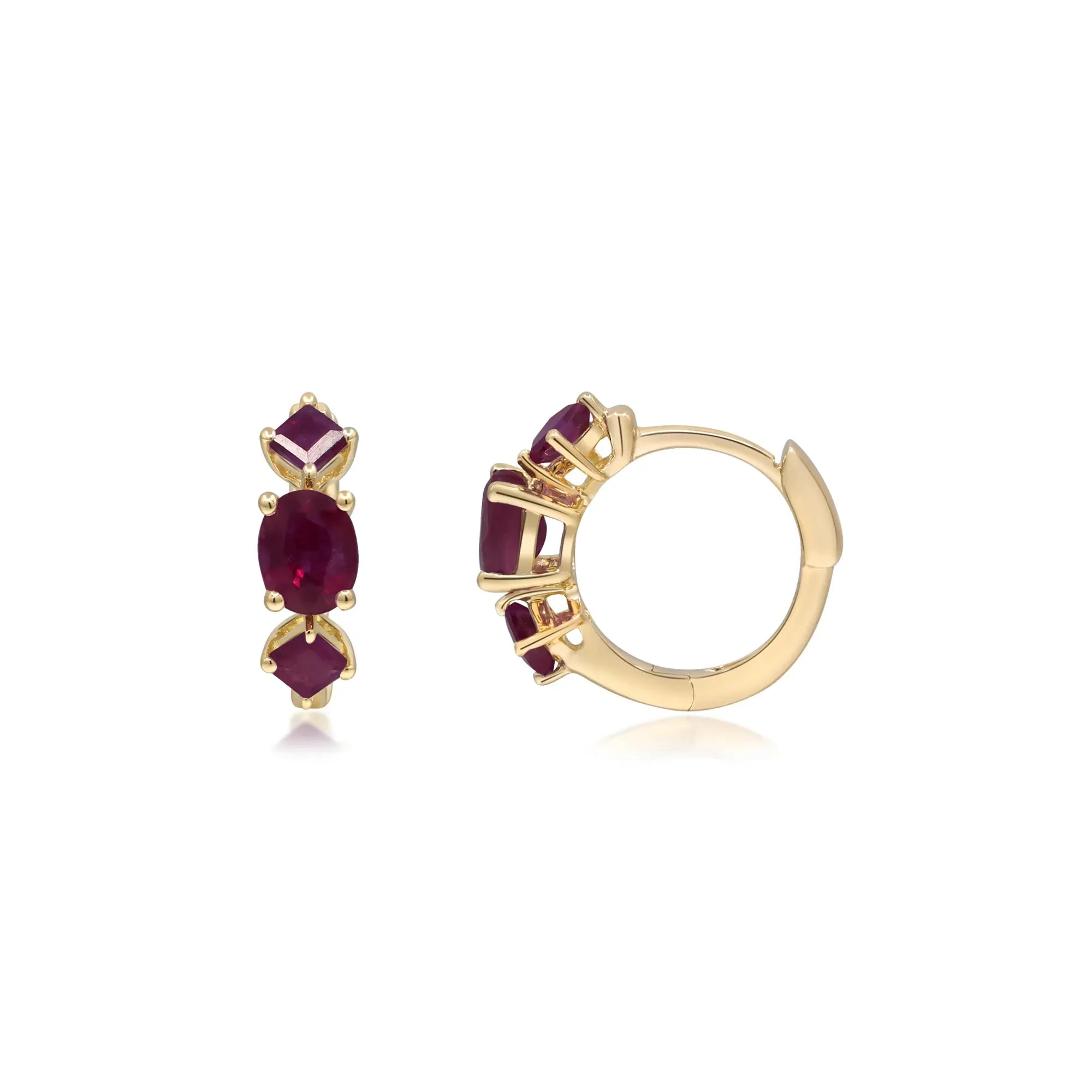 Oval and Square Ruby Huggie Hoop Earrings 10K Yellow Gold Size 10.00mm - Image 3