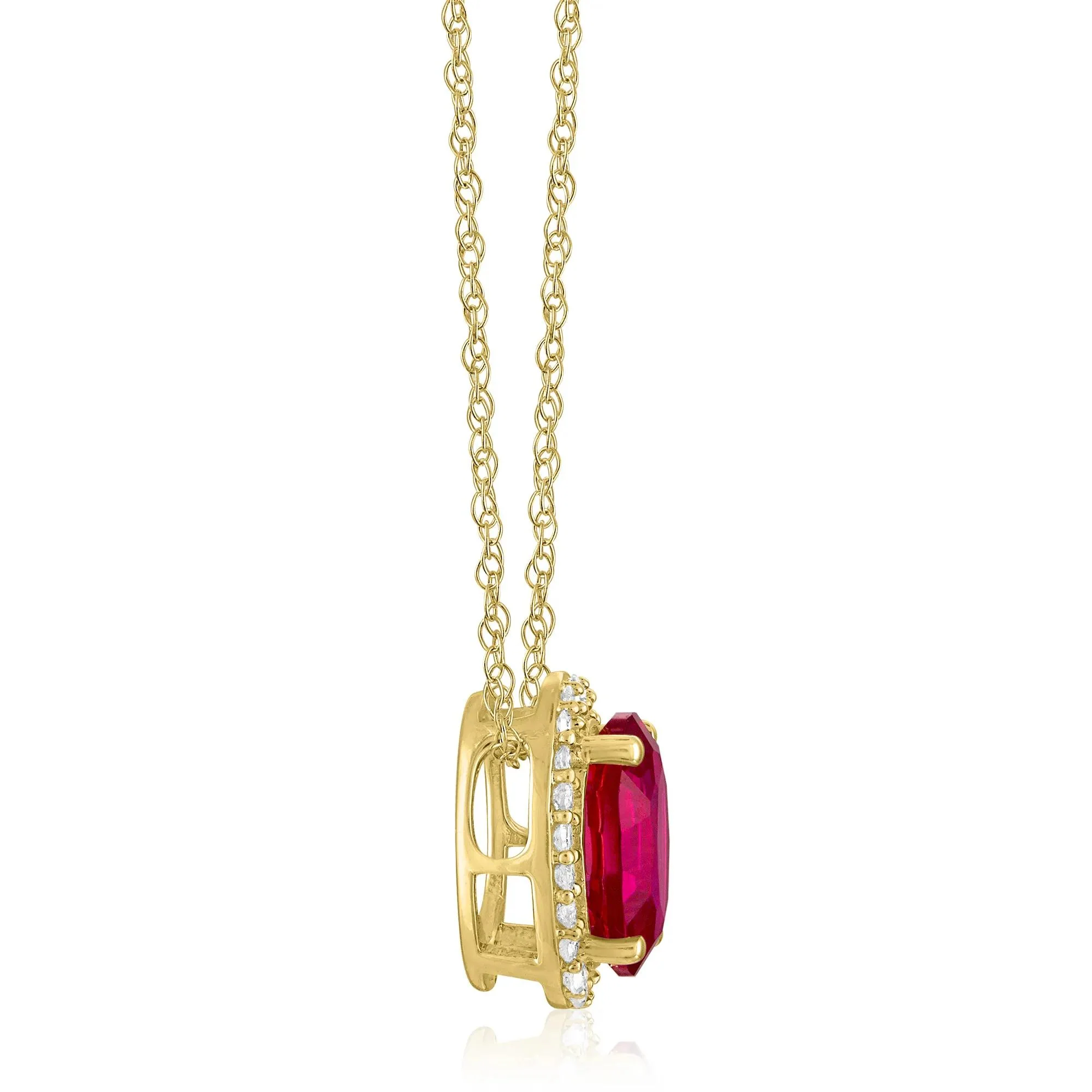 Oval Lab-Created Ruby and Diamond Accent Halo Pendant Necklace 10K Yellow Gold White Size 18" - Image 2