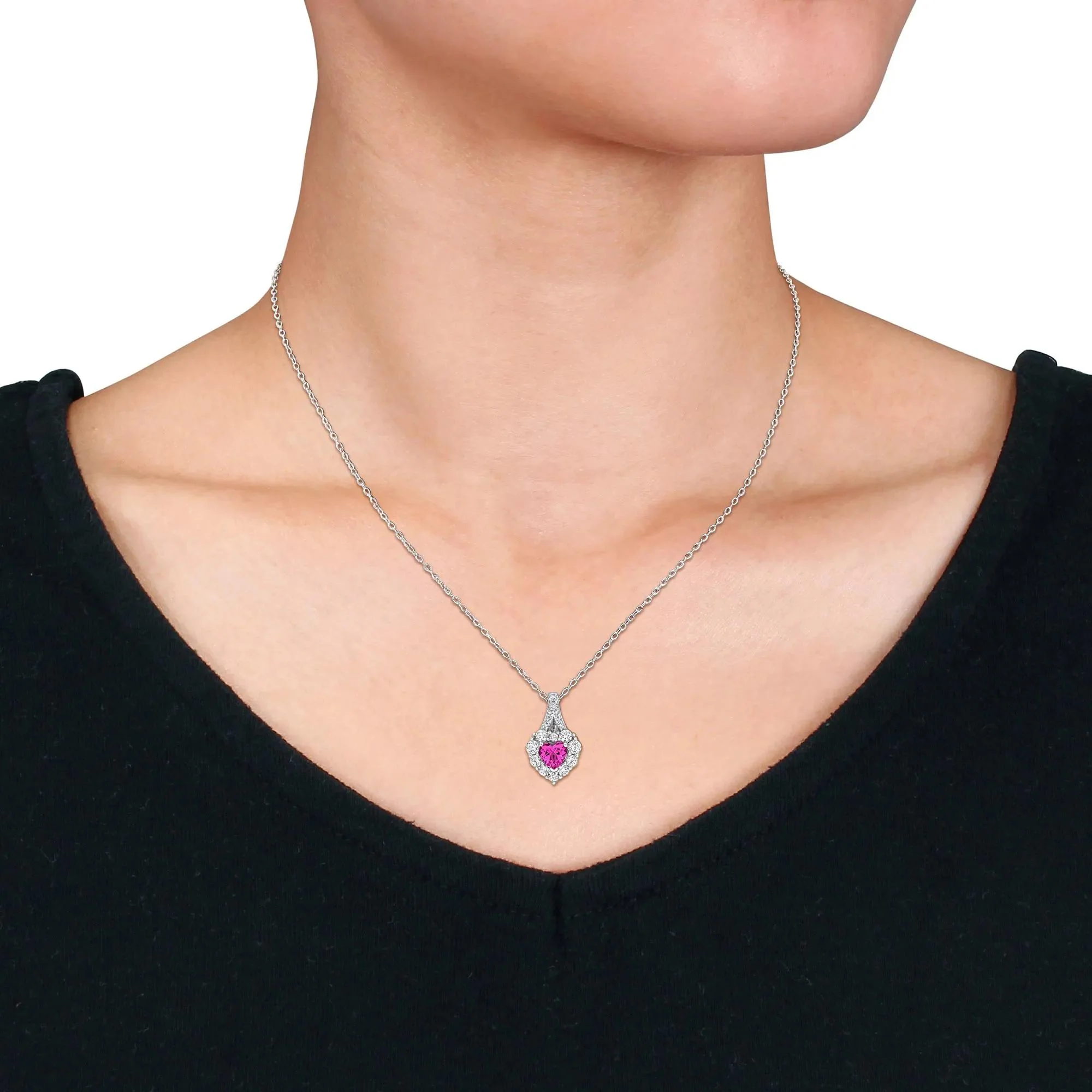 Lab-Created Pink Sapphire and Lab-Created White Sapphire Heart Pendant Necklace .925 Sterling Silver Size 18" - Image 4