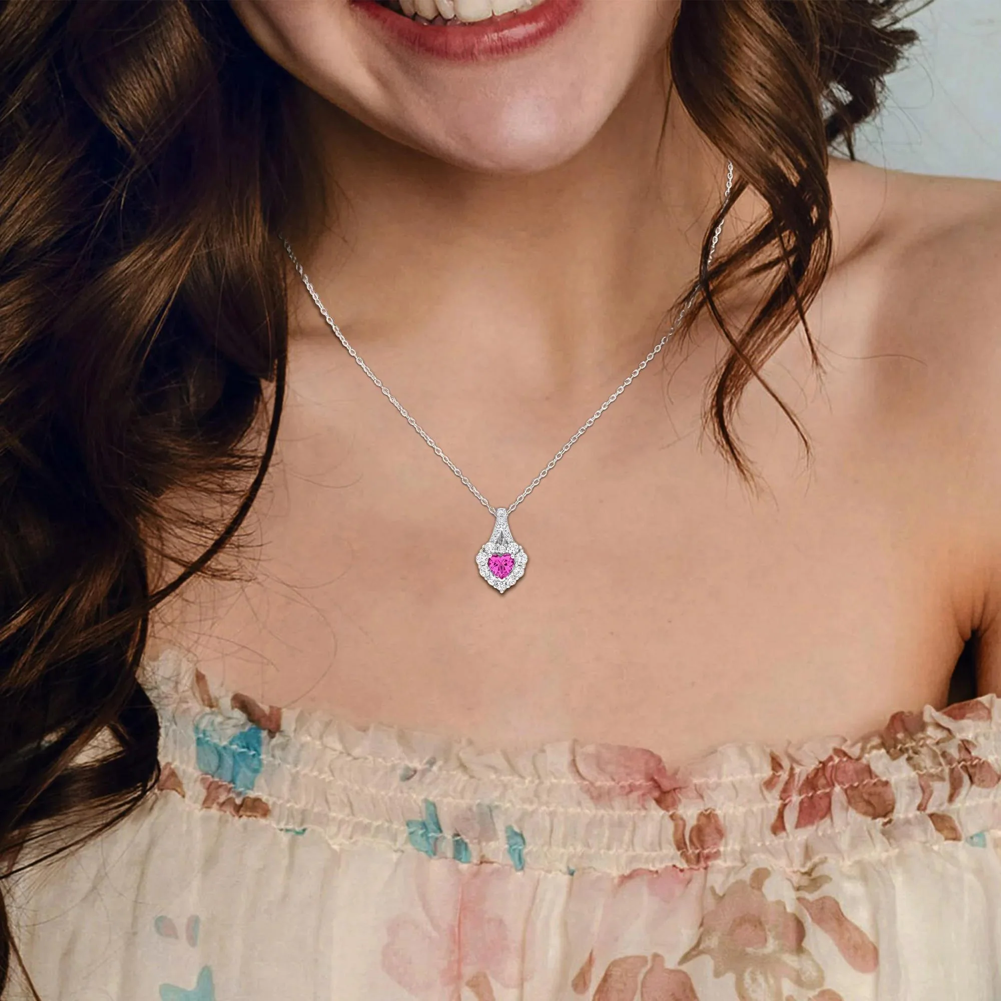 Lab-Created Pink Sapphire and Lab-Created White Sapphire Heart Pendant Necklace .925 Sterling Silver Size 18" - Image 5