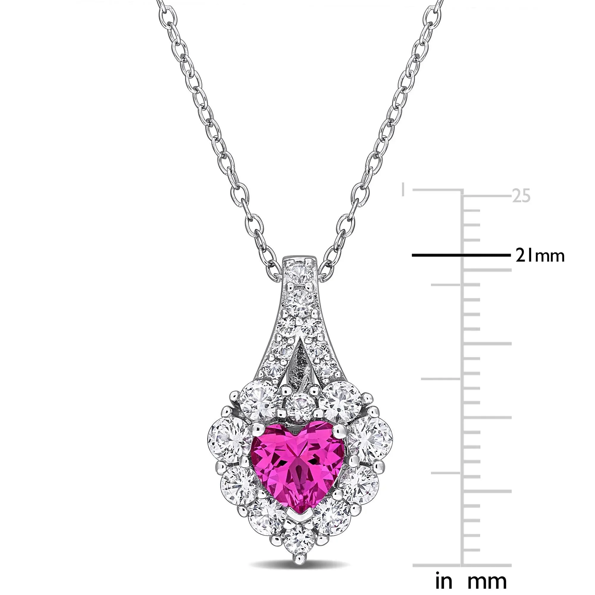 Lab-Created Pink Sapphire and Lab-Created White Sapphire Heart Pendant Necklace .925 Sterling Silver Size 18" - Image 6