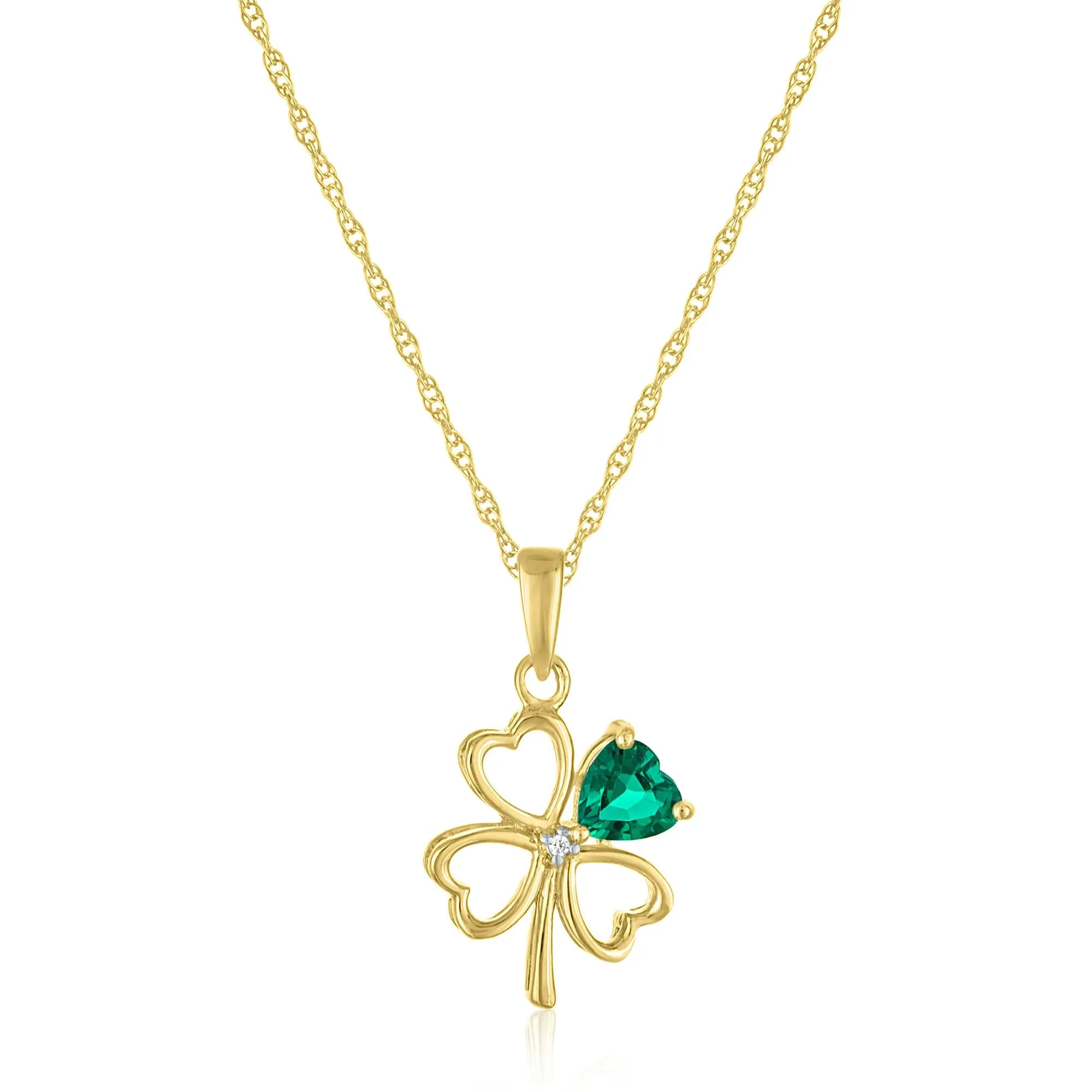 Lab-Created Emerald and Diamond Accent Clover Pendant Necklace 10K Yellow Gold Size 18" - Image 3