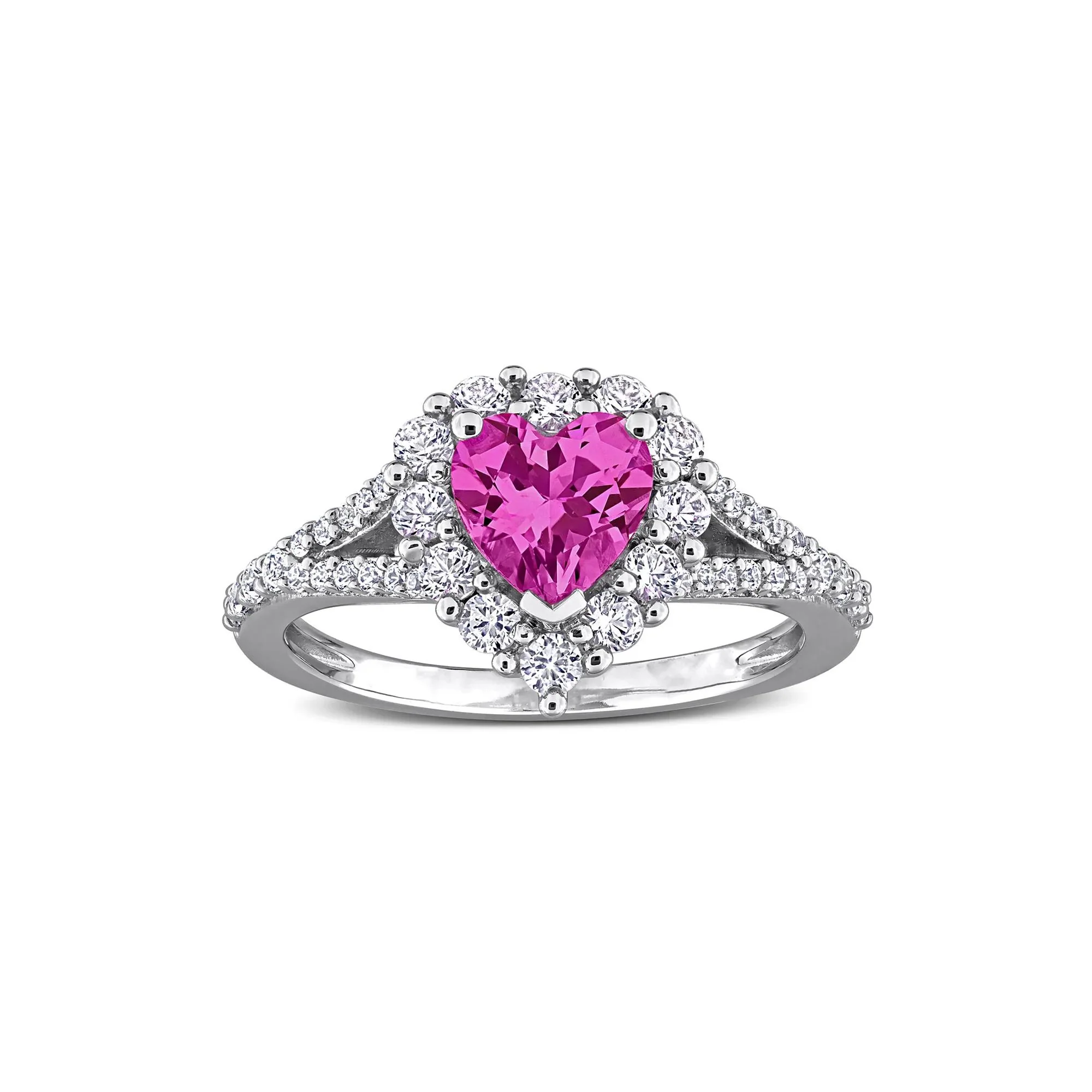 Lab-Created Pink Sapphire Heart Ring .925 Sterling Silver White Size 6 11mm