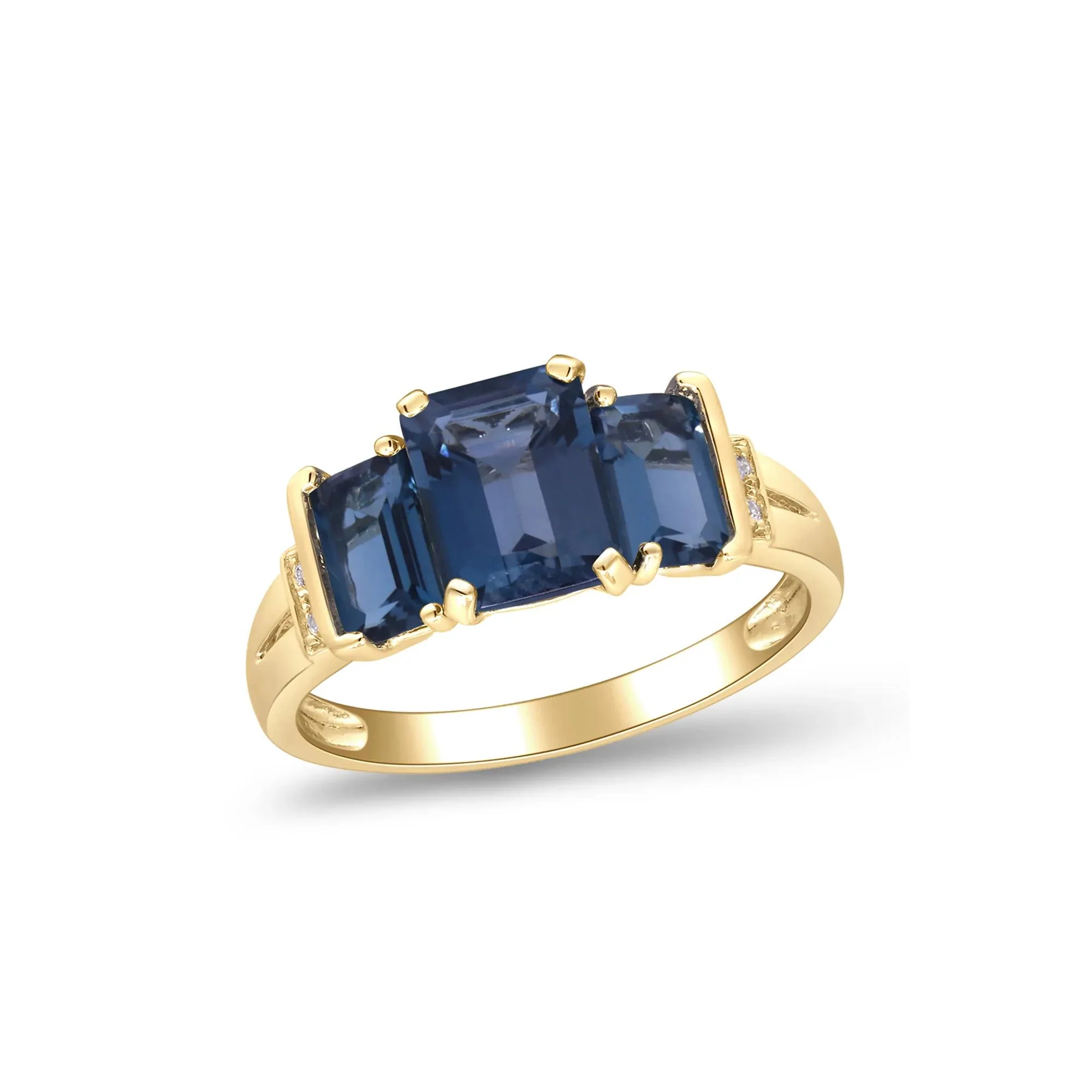 London Blue Topaz Three Stone Ring with Diamond Accent 10K Yellow Gold Size 8 2mm - Image 4