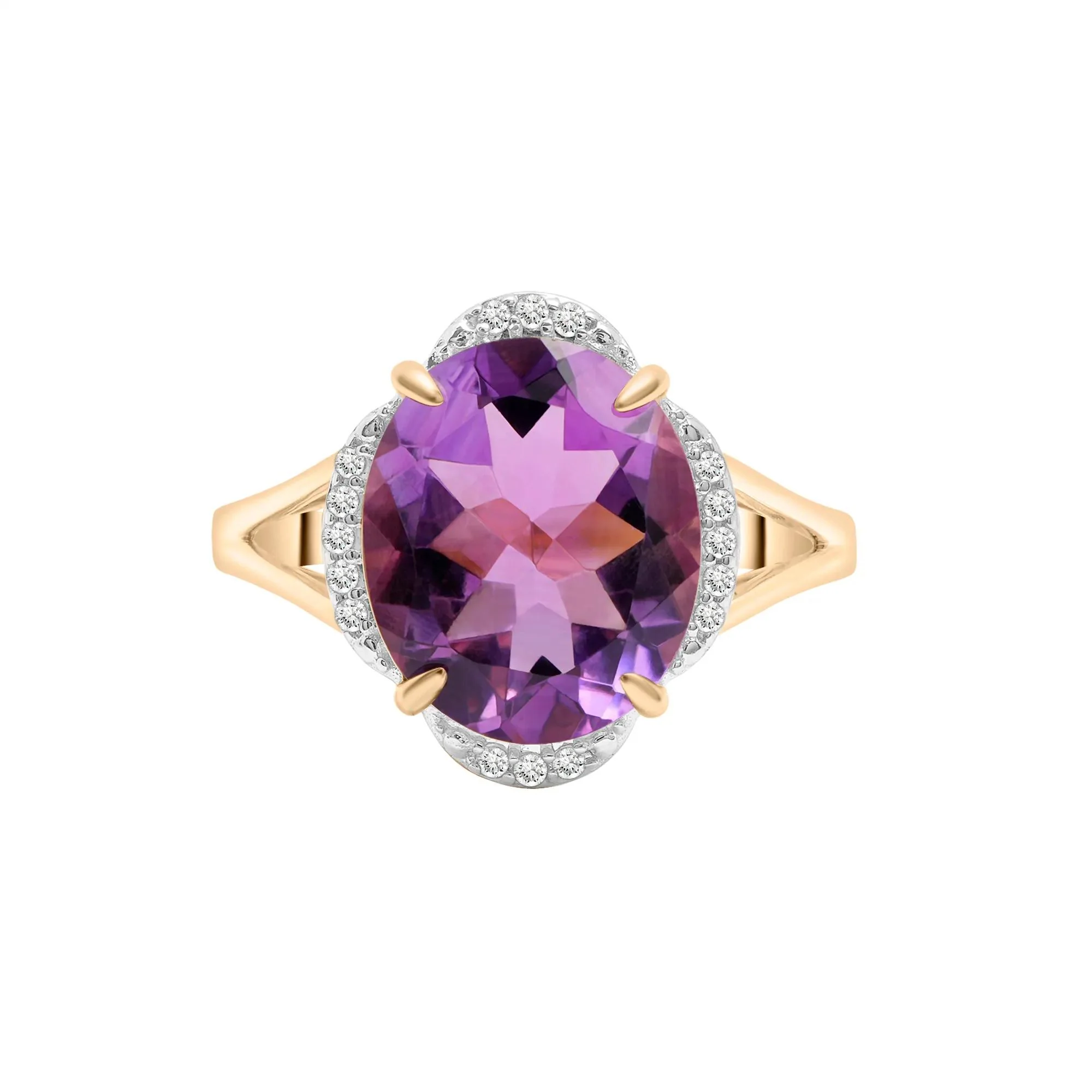 Oval Amethyst and Diamond Accent Cocktail Ring 10K Yellow Gold Size 10 2mm