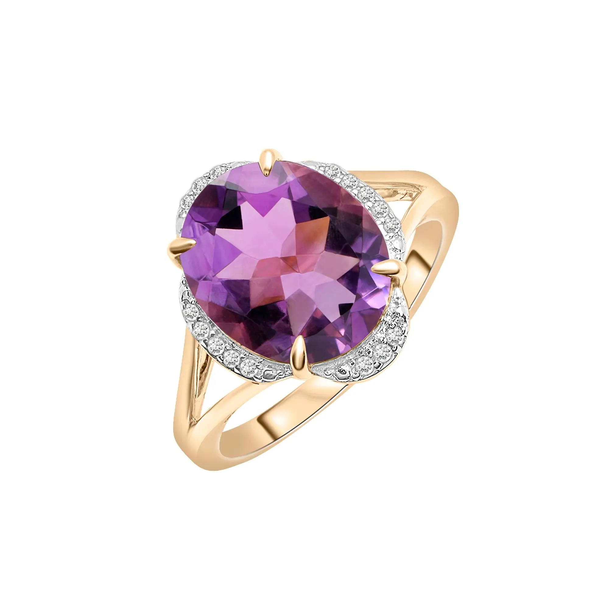 Oval Amethyst and Diamond Accent Cocktail Ring 10K Yellow Gold Size 7.5 2mm - Image 5