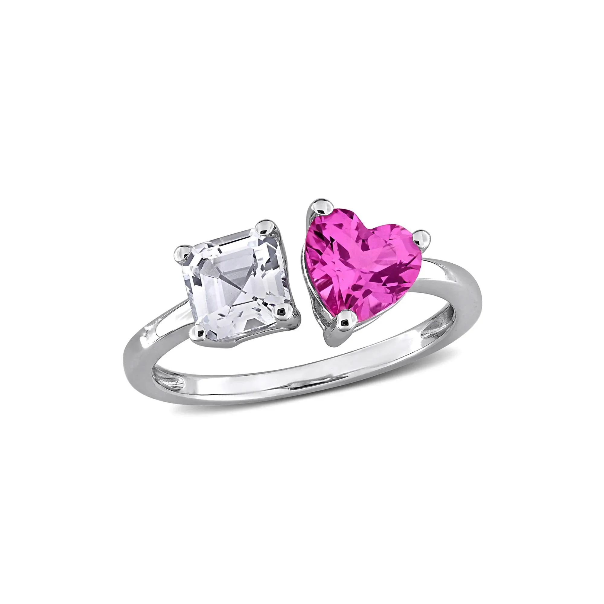 Lab-Created Pink Sapphire & Lab-Created White Sapphire Toi Et Moi Heart Ring .925 Sterling Silver Size 6 8mm - Image 4