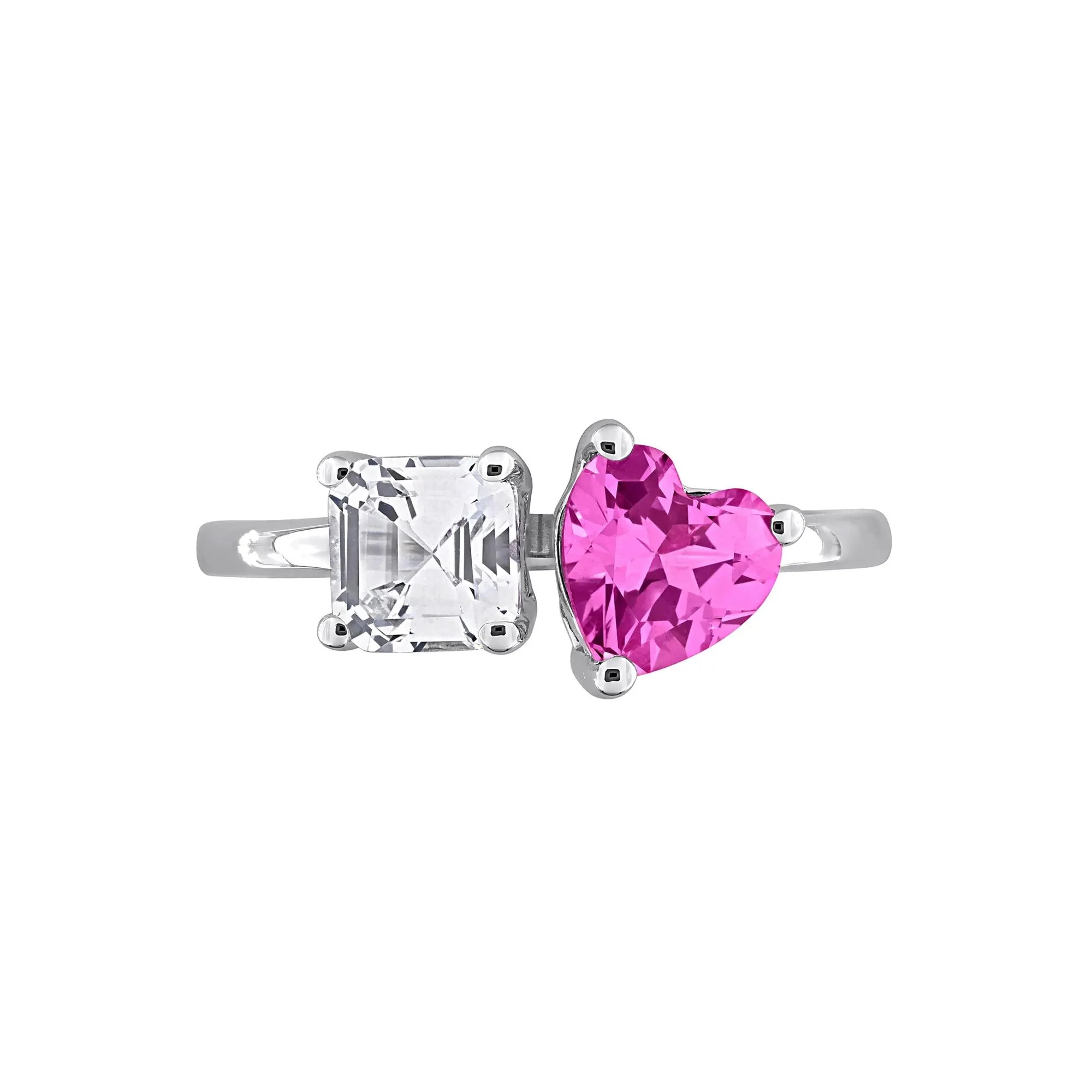 Lab-Created Pink Sapphire & Lab-Created White Sapphire Toi Et Moi Heart Ring .925 Sterling Silver Size 7 8mm