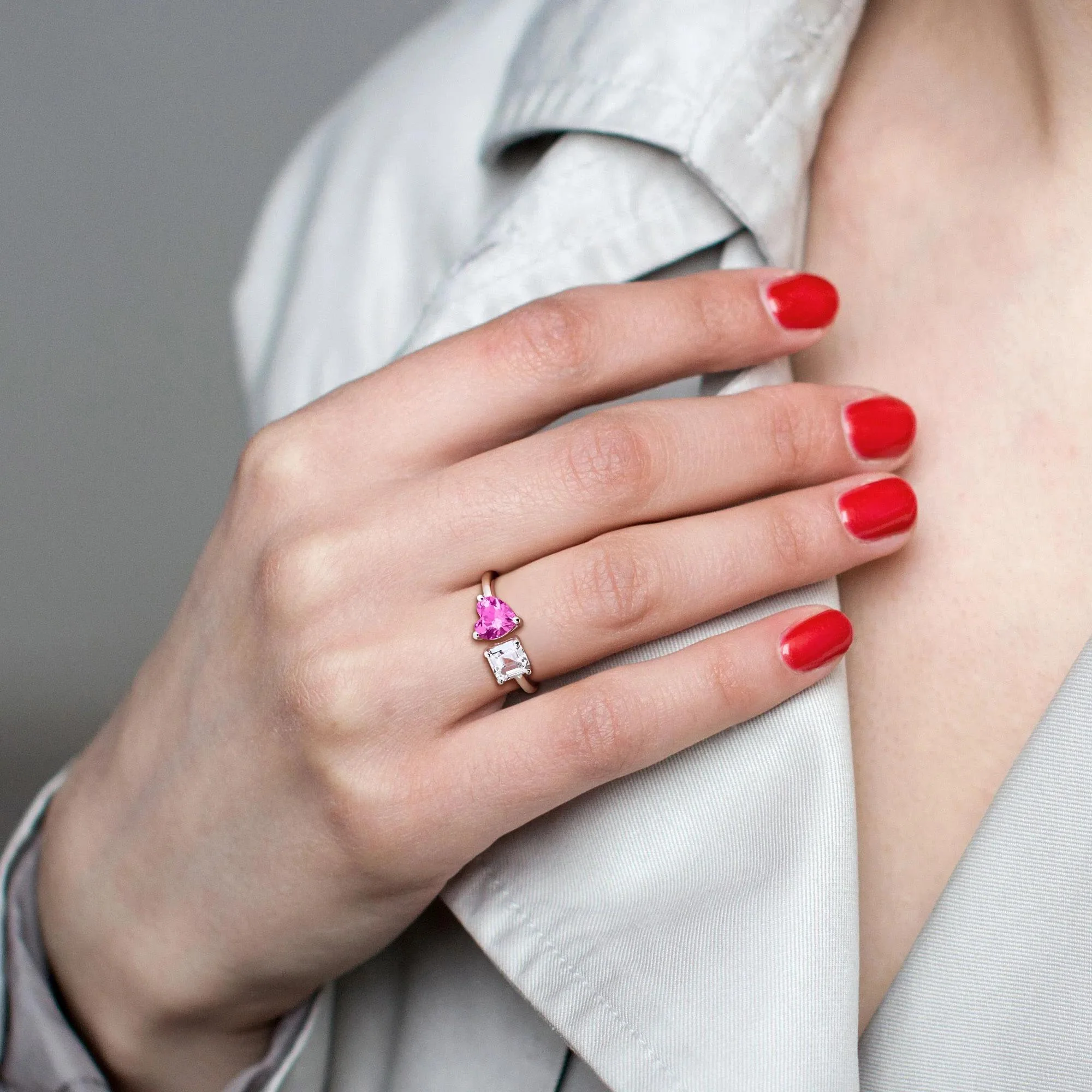 Lab-Created Pink Sapphire & Lab-Created White Sapphire Toi Et Moi Heart Ring .925 Sterling Silver Size 9 8mm - Image 5