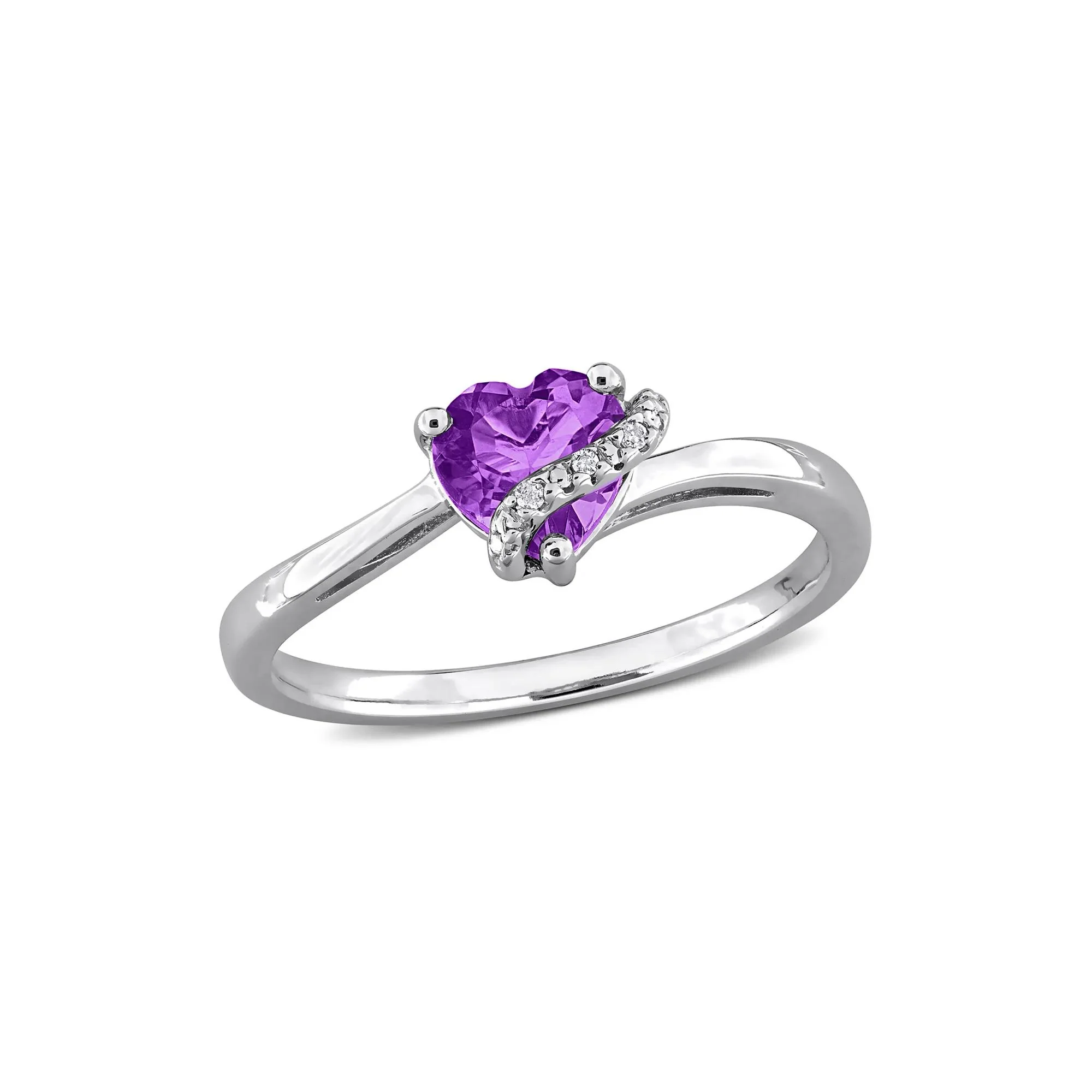 Heart-Shaped Amethyst and Diamond Accent Ring .925 Sterling Silver White Size 5 7mm - Image 4