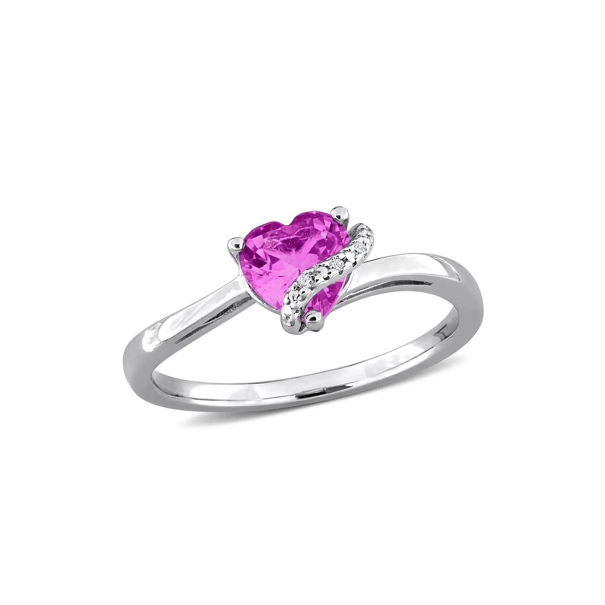 Heart-Shaped Lab-Created Pink Sapphire and Diamond Accent Ring .925 Sterling Silver White Size 7 7mm - Image 4