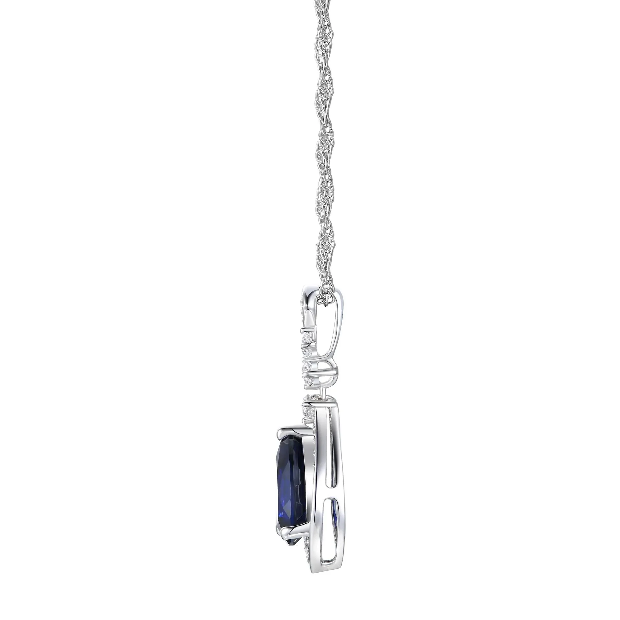 Lab Created Blue Sapphire Lab Created White Sapphire Halo Pendant Necklace .925 Sterling Silver Size 18" - Image 2