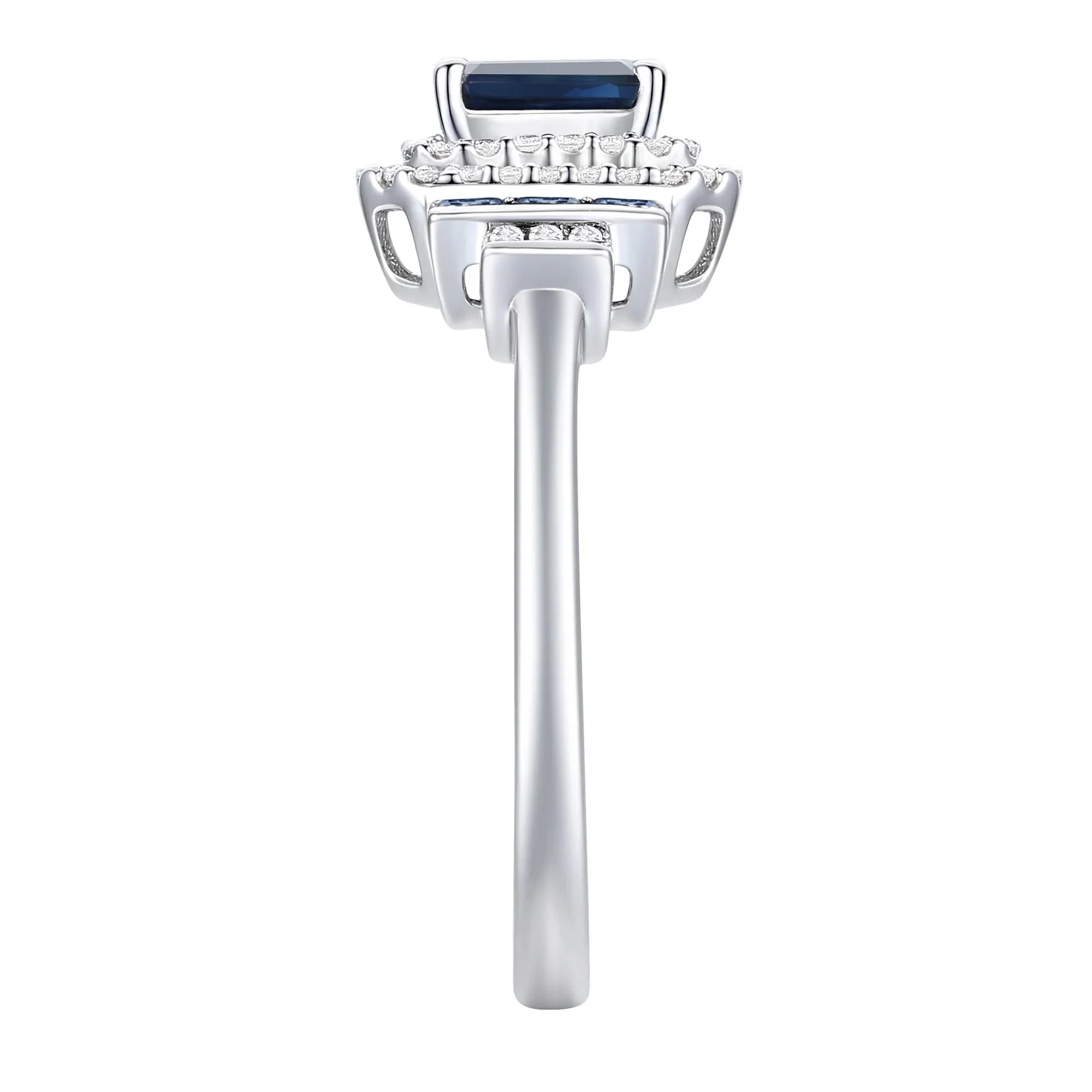 1/5 CT. Tw. Blue Sapphire and Diamond Double Halo Ring 10K White Gold Round Brilliant Cut Size 6.5 1mm