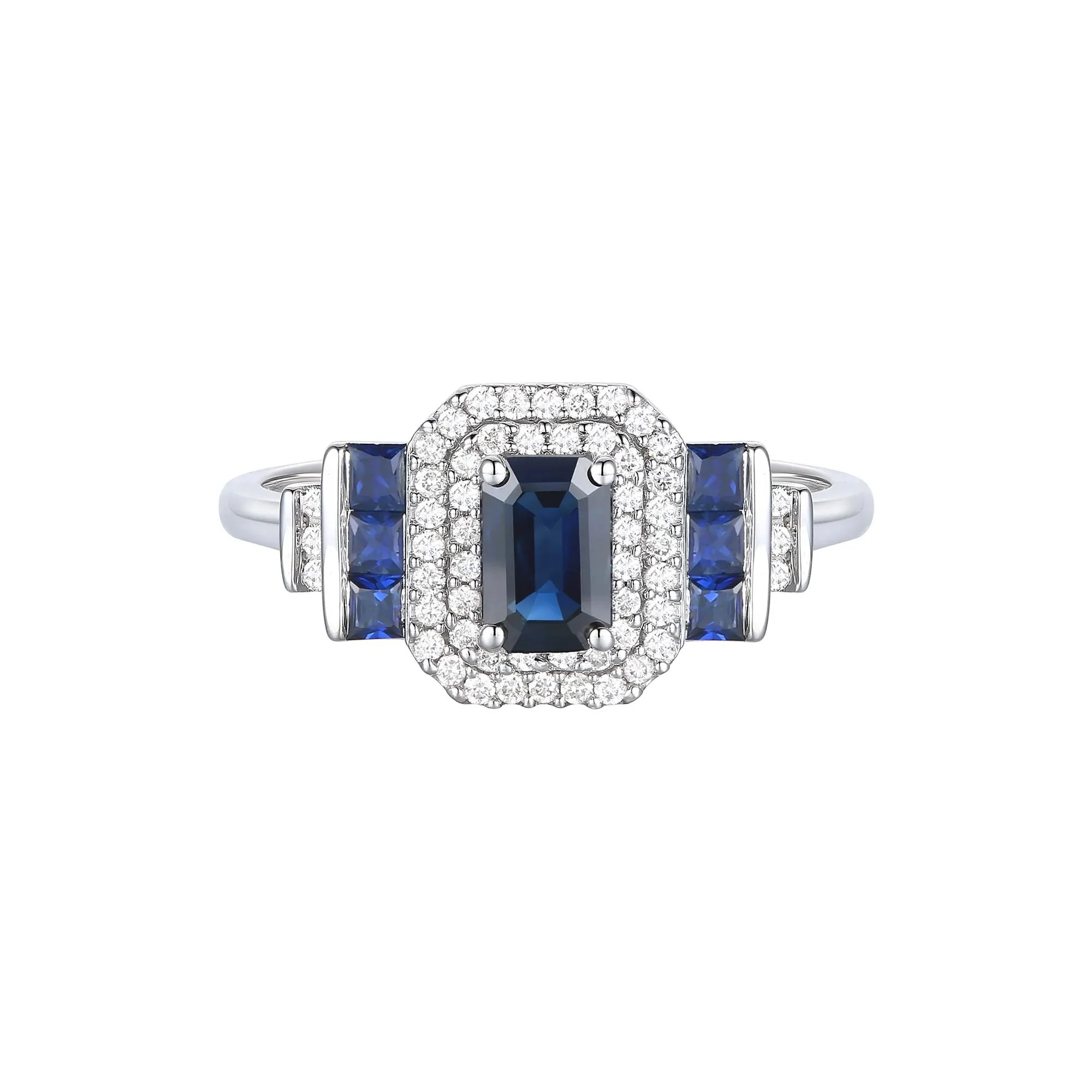 1/5 CT. Tw. Blue Sapphire and Diamond Double Halo Ring 10K White Gold Round Brilliant Cut Size 7.5 1mm - Image 2