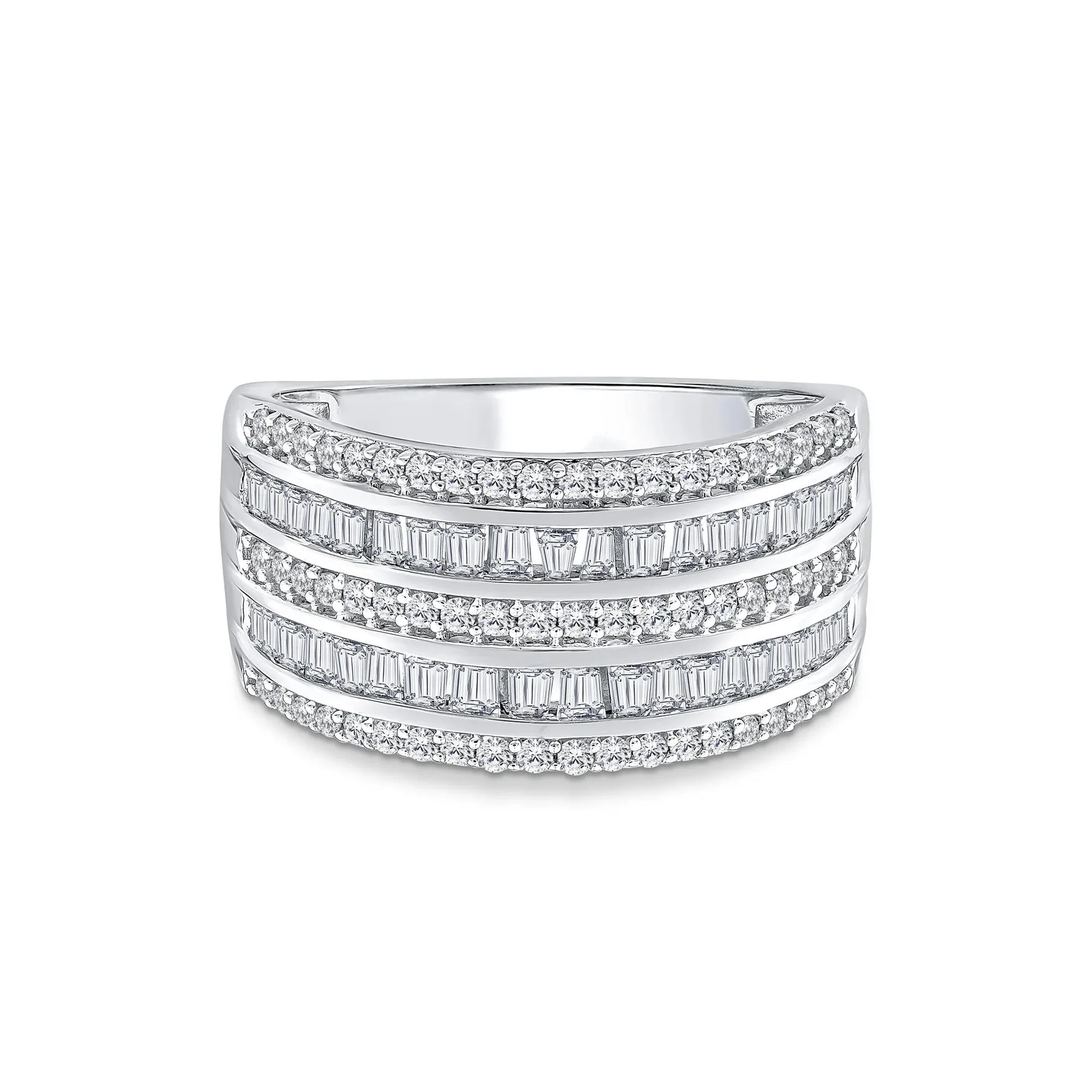 3 CT. Tw. Round and Baguette Multi-Row Diamond Band Ring 14K White Gold Size 9 1mm