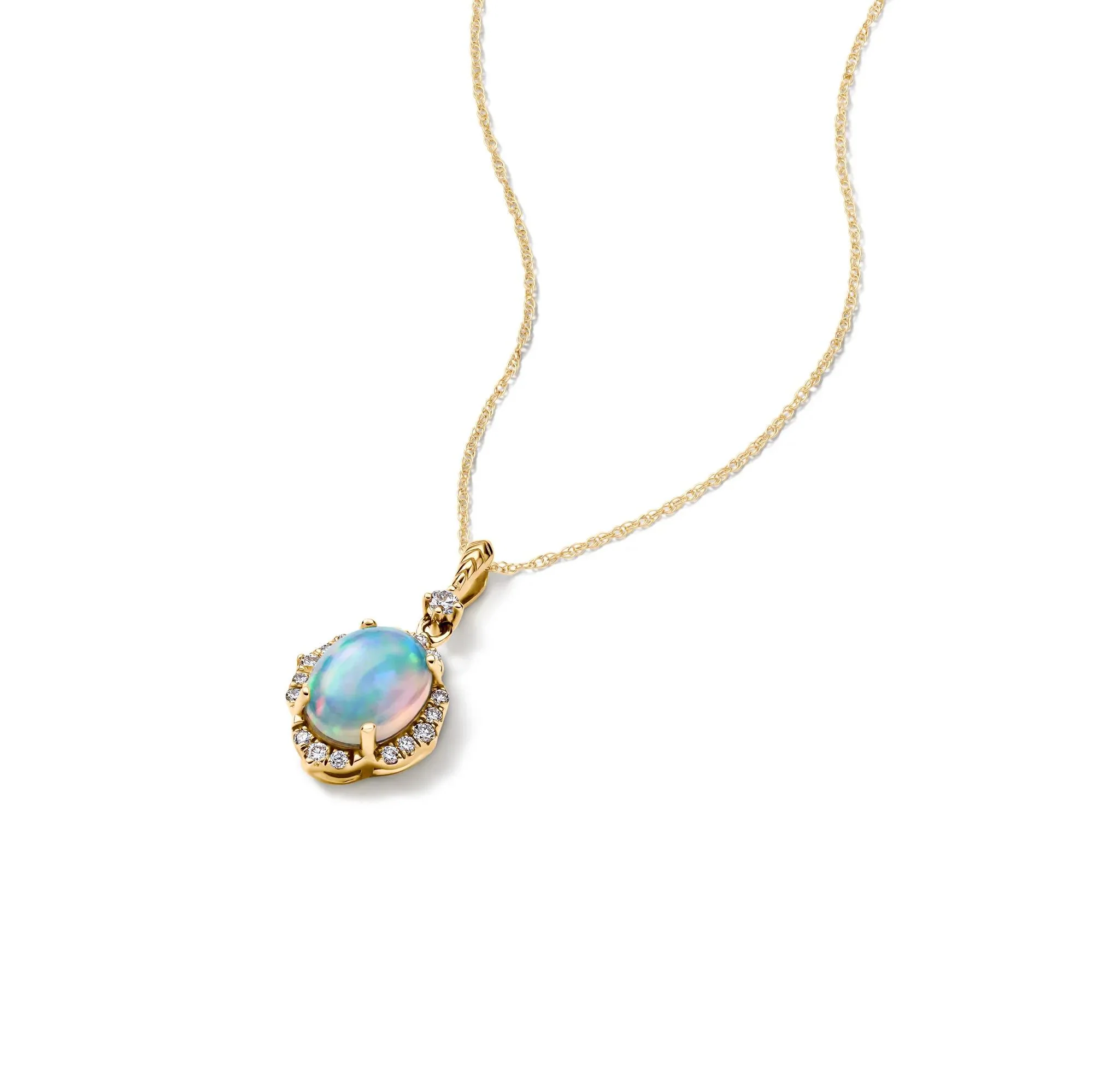 1/5 CT. Tw. Opal and Diamond Oval-Shaped Pendant Necklace 10K Yellow Gold Size 18" - Image 4