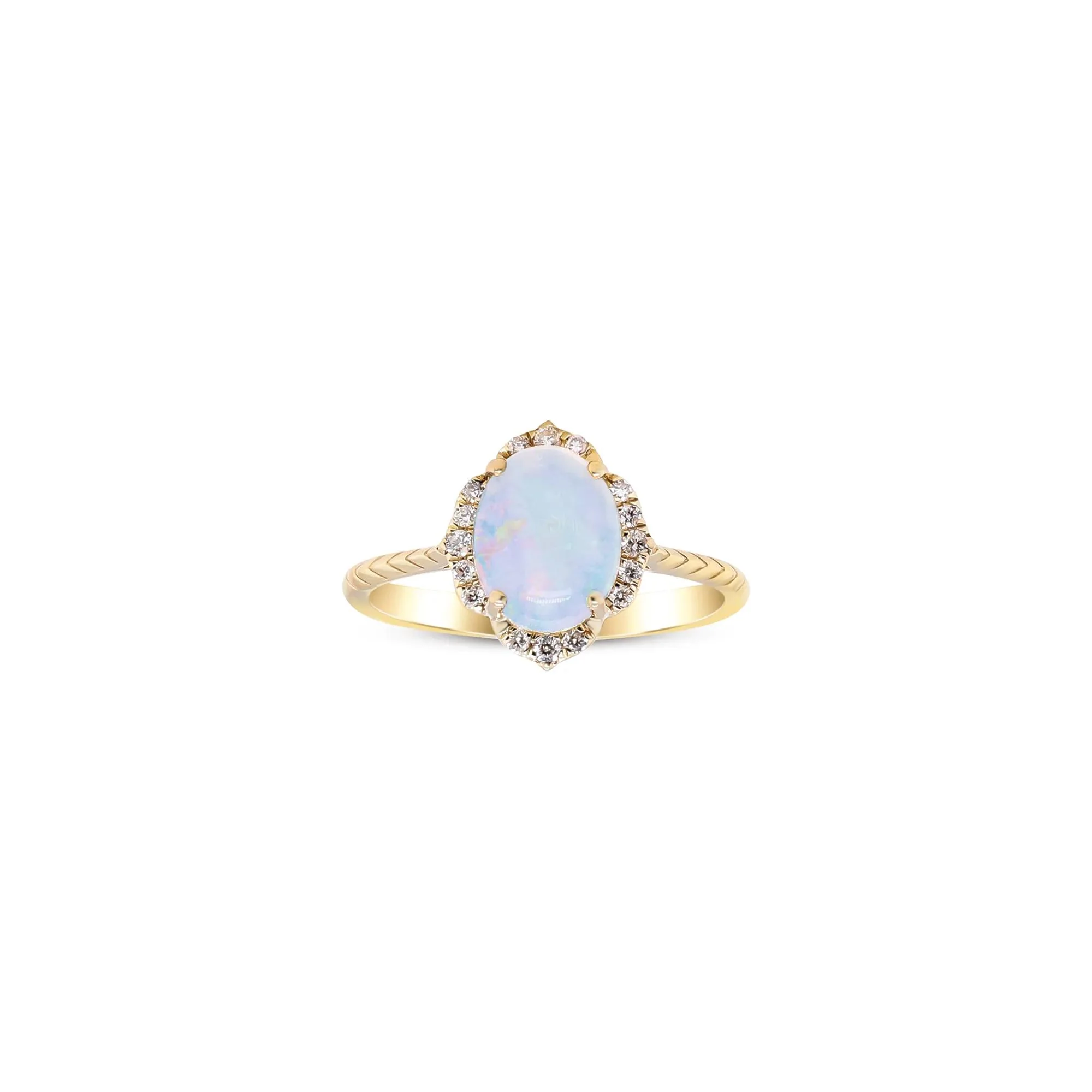 Oval-Shaped Opal and Diamond Ring 10K Yellow Gold Round Brilliant Cut Size 9 2mm - Image 4