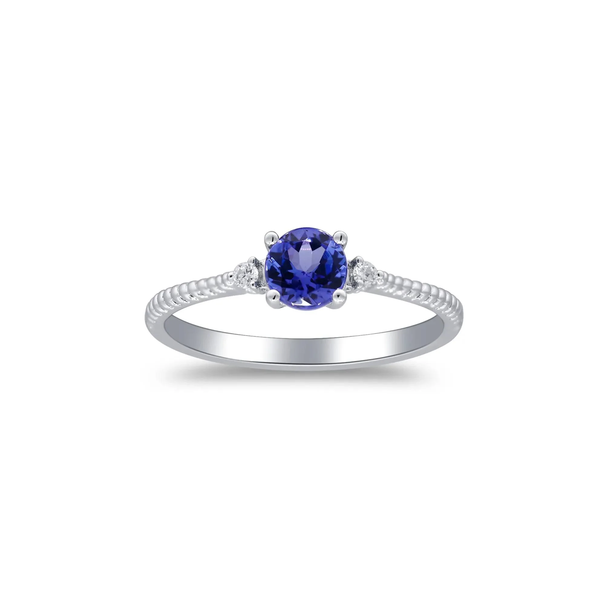 Tanzanite and Diamond Accent Stack Ring 10K White Gold Round Brilliant Cut Size 7 2mm - Image 4