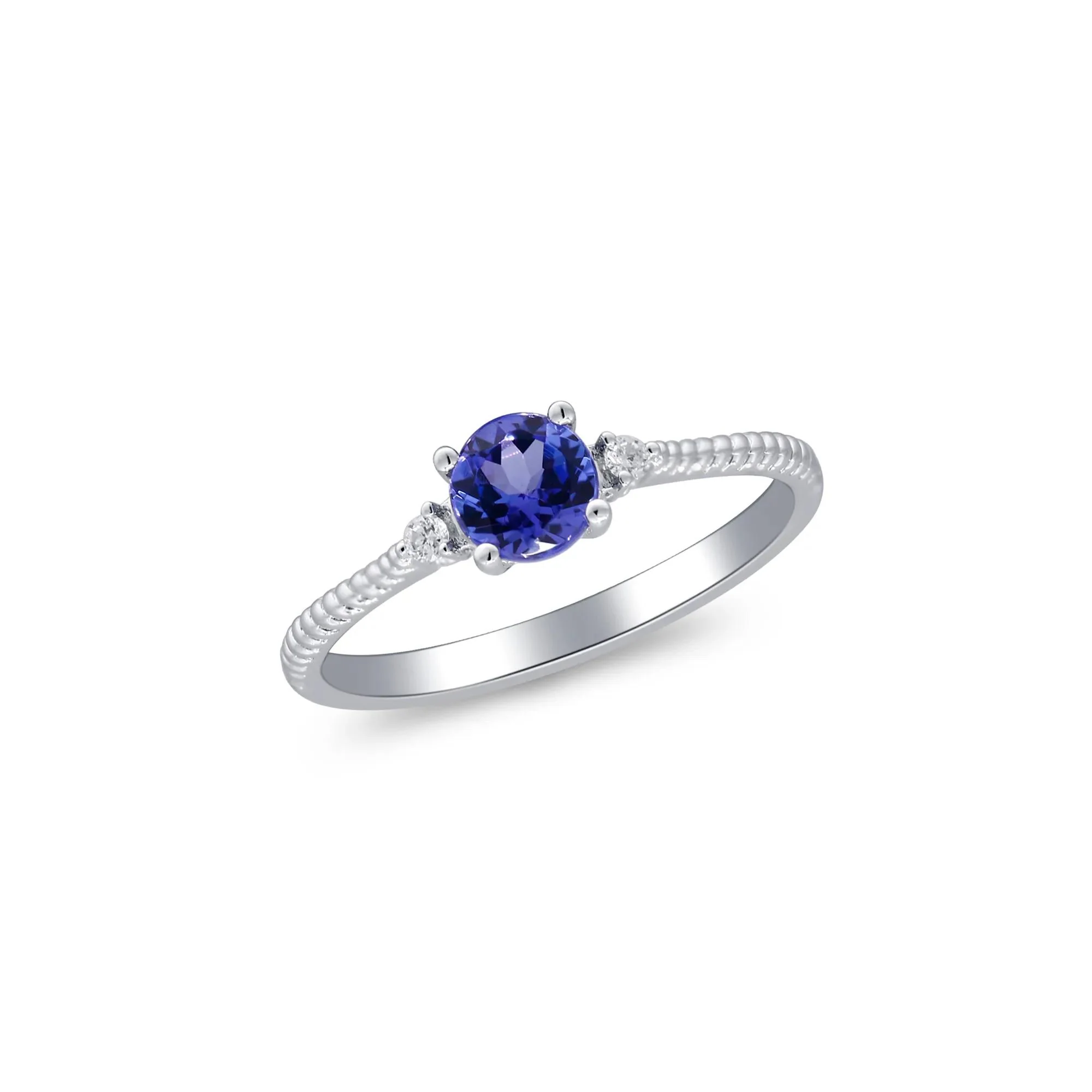 Tanzanite and Diamond Accent Stack Ring 10K White Gold Round Brilliant Cut Size 7.5 2mm - Image 5