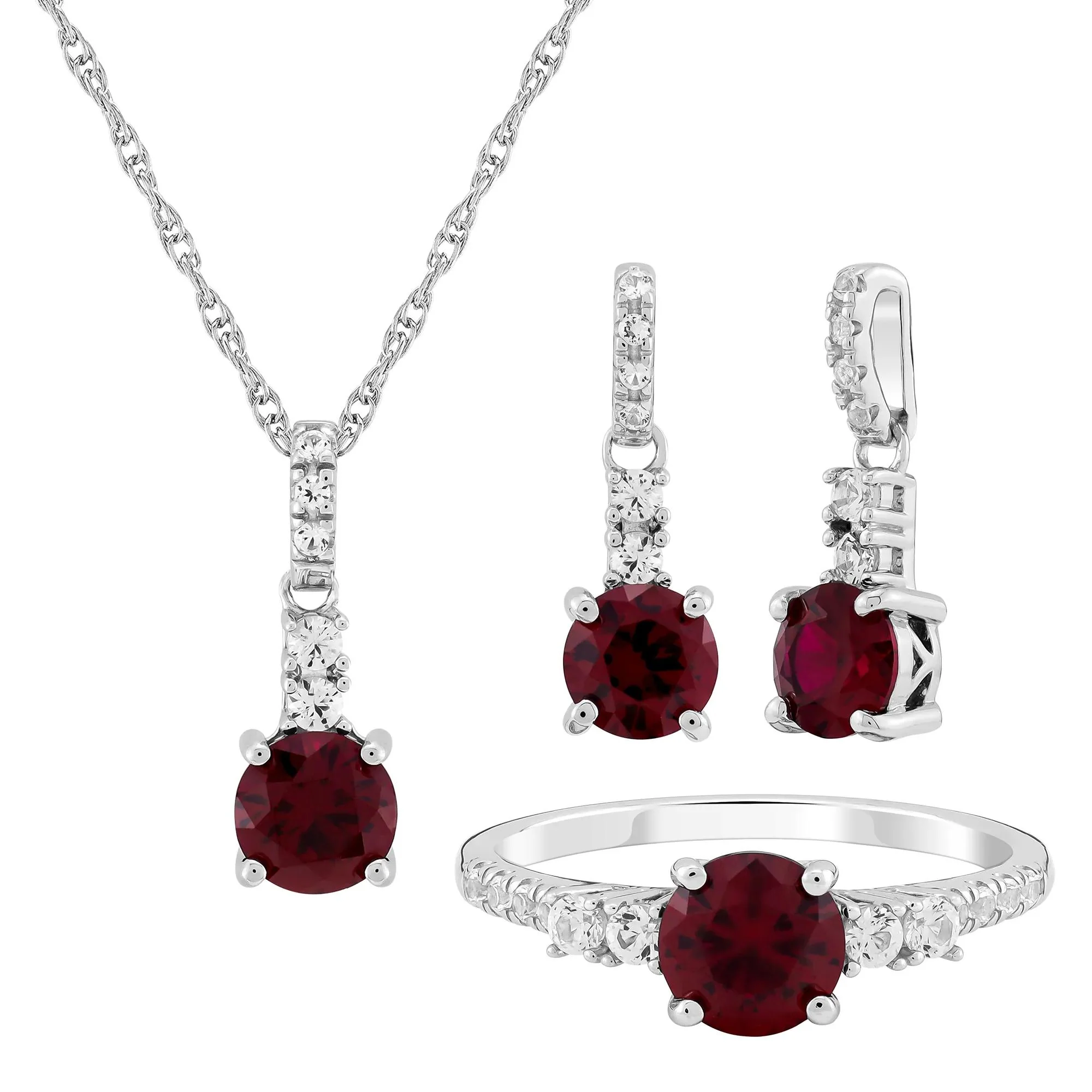 Lab-Created Ruby and White Sapphire Earrings Pendant Necklace and Ring Set .925 Sterling Silver Size 18"
